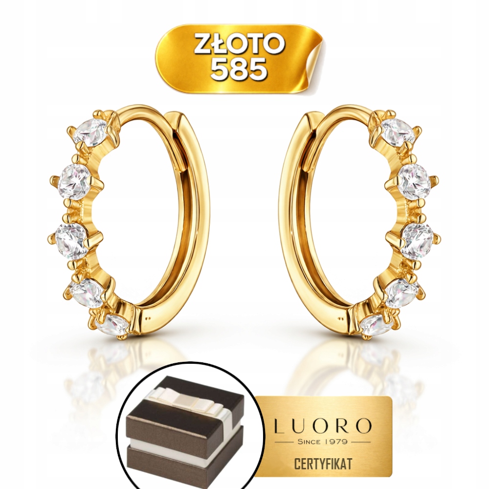 Náušnice Zlaté 585 14K Kreole Bílé Zirkony Průměr 12,5 MM Elegantní