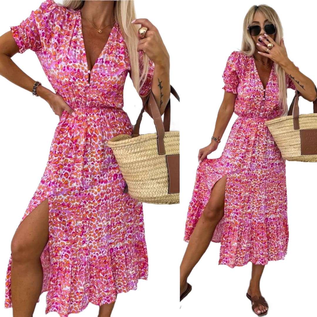 Letní Šaty S Výstřihem Do V, MIDI Rozpir, Punktírovaný Volánek , Růžová Uni