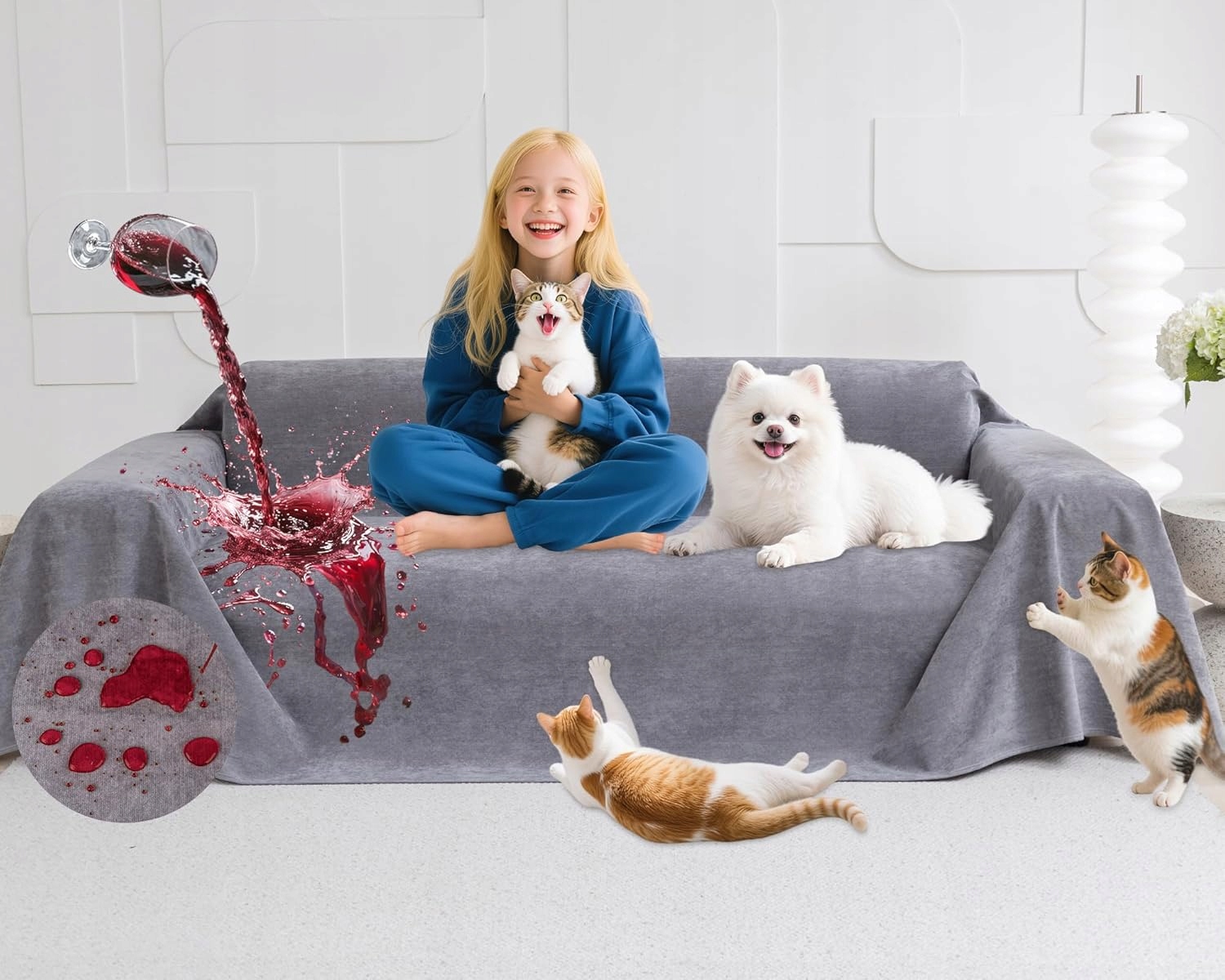 Ochranný potah na pohovku 380 x 180 cm pro zvířata, protiskluzový, šedý