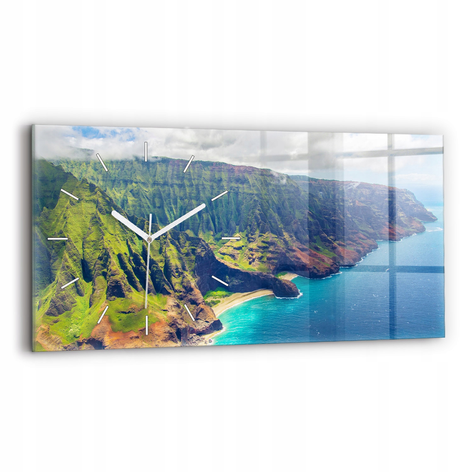 Moderní skleněné hodiny s nástěnnou grafikou 60 cm x 30 cm Moře na Havaji