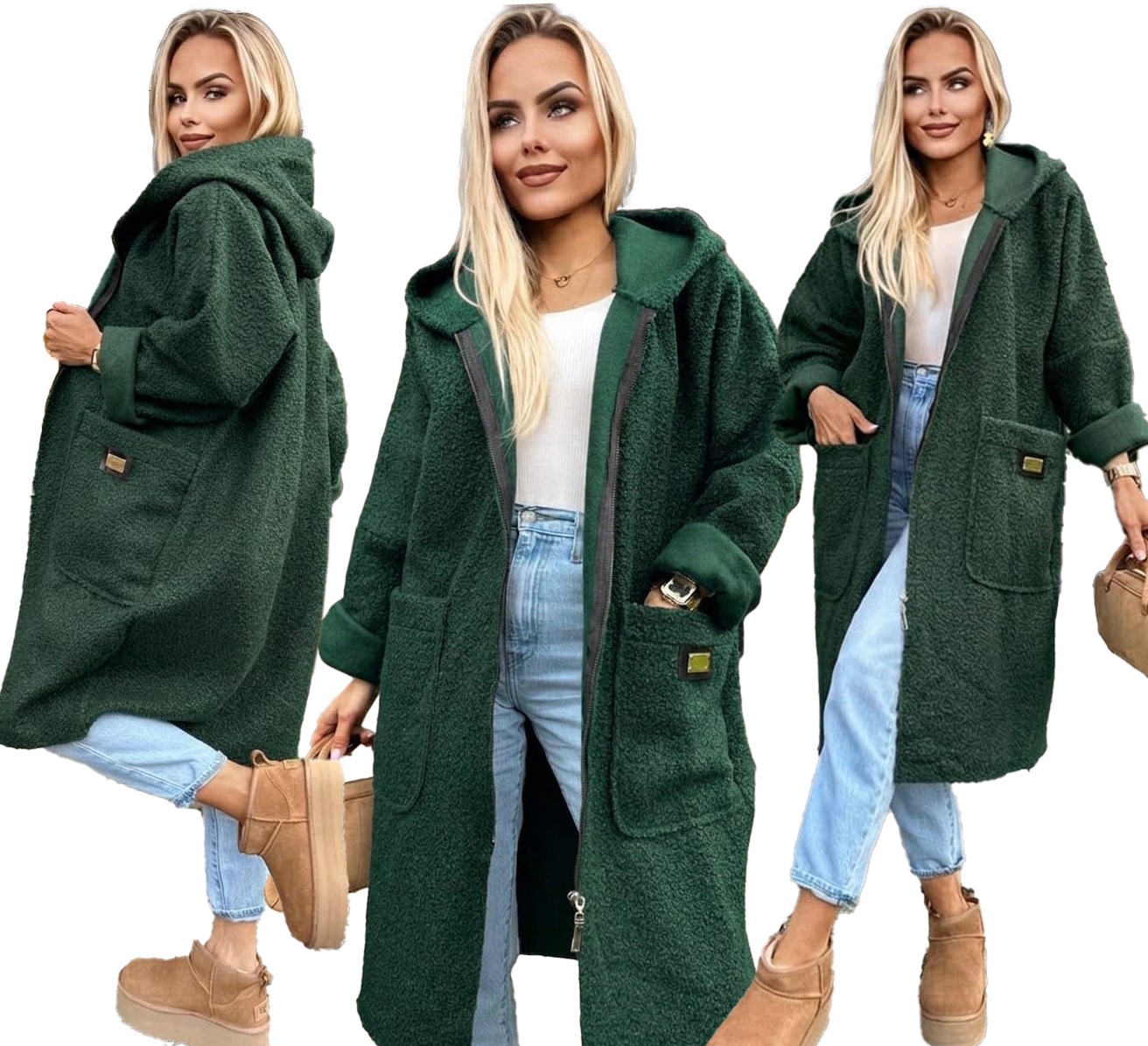 Dlouhý měkoučký Dámský Kabát na zip s kapucí boucle Gerda