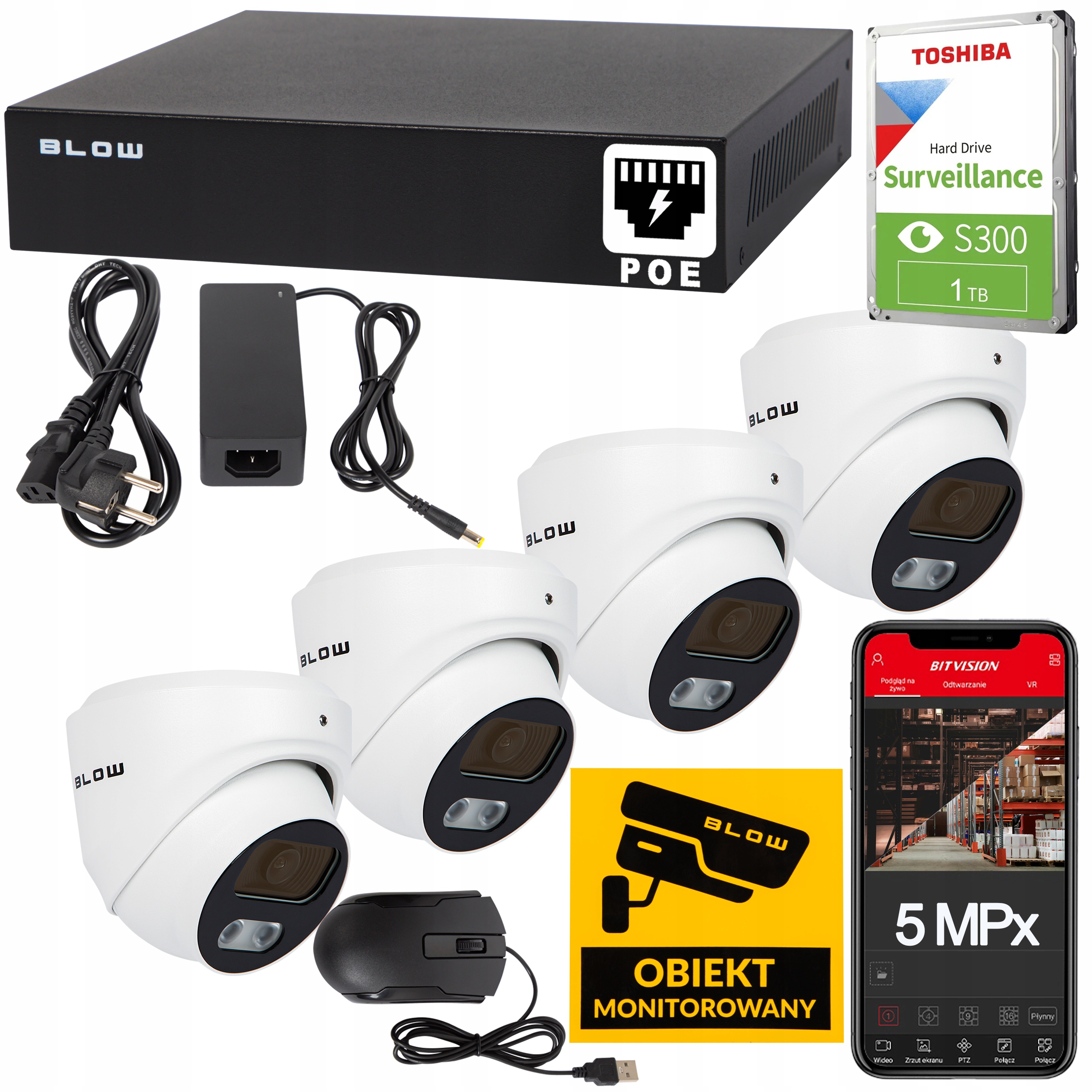 Sada Monitorování PoE 4x Venkovní Kopulovité Kamery 5MP Hdd 1TB