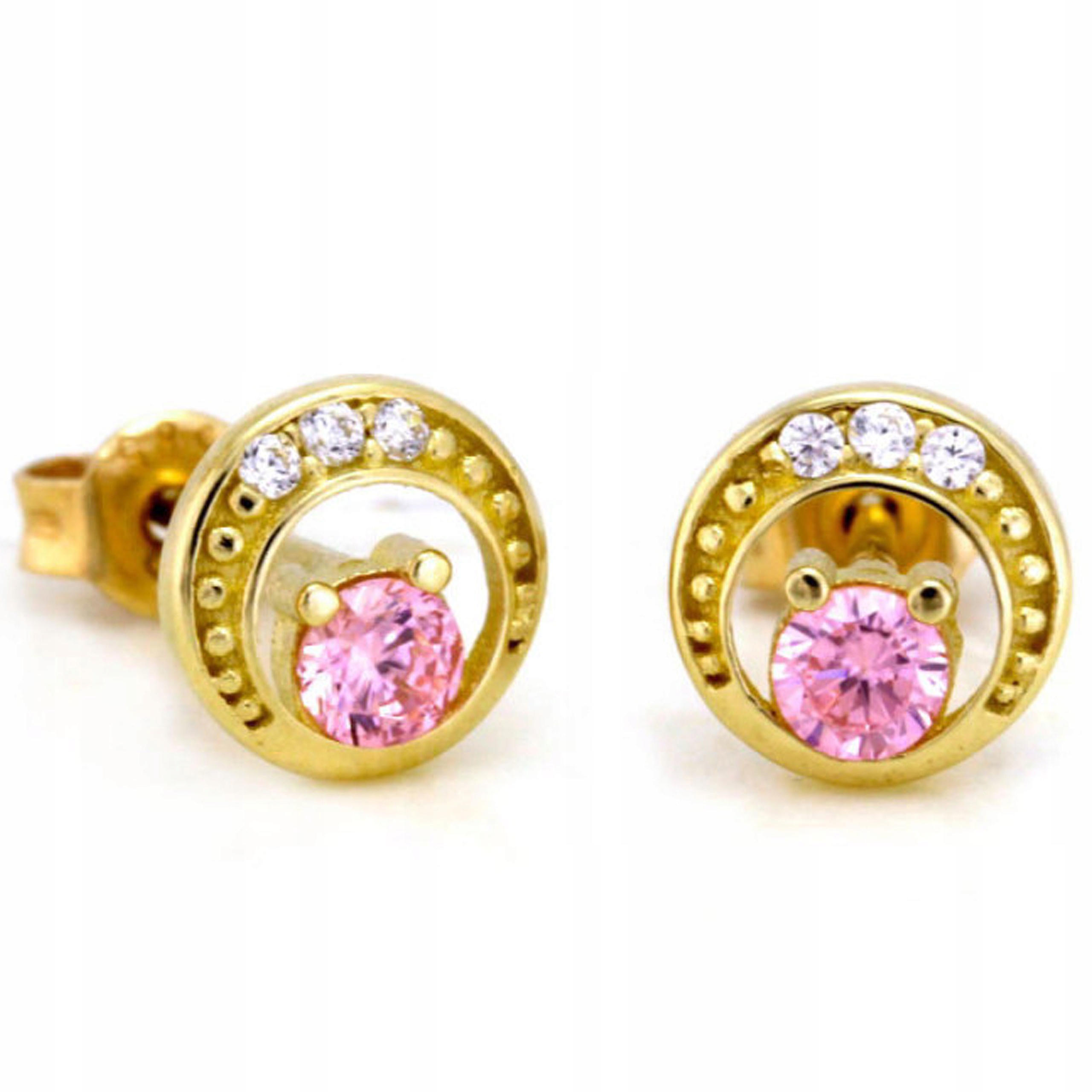 Zlaté náušnice 585 kulaté s růžovou zirkonií, módní vzor dárek pro ni