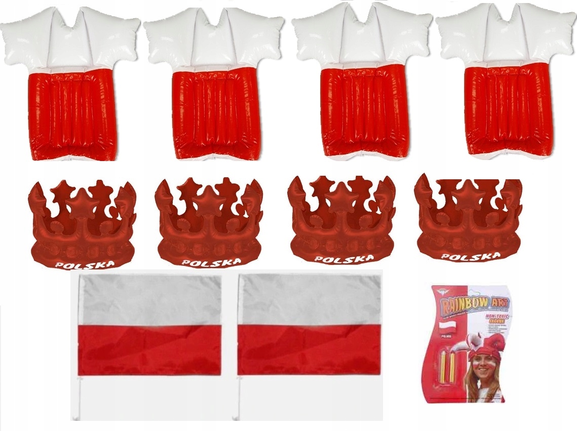 POLSKA Zestaw dla kibica 4 osobowy Reprezentacji czapka flaga farbki polski