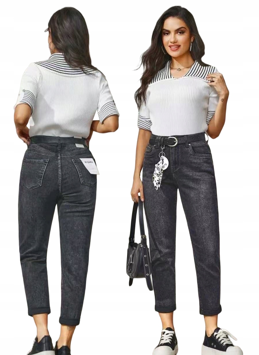 M.Sara Damskie Spodnie Boyfriend Jeansy Wysoki Stan Czarne 46/3XL