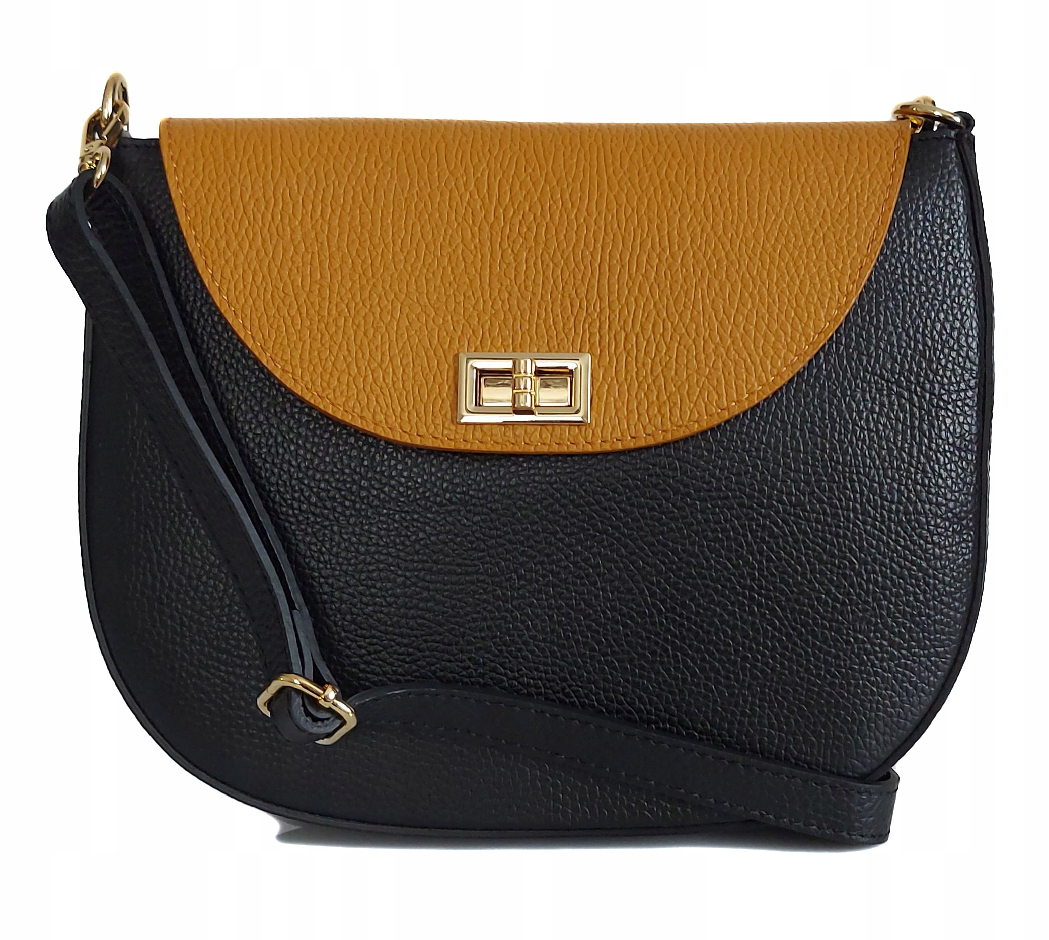 Velká italská kabelka přes rameno Vera Pelle, prostorná elegantní podkova Černá Camel