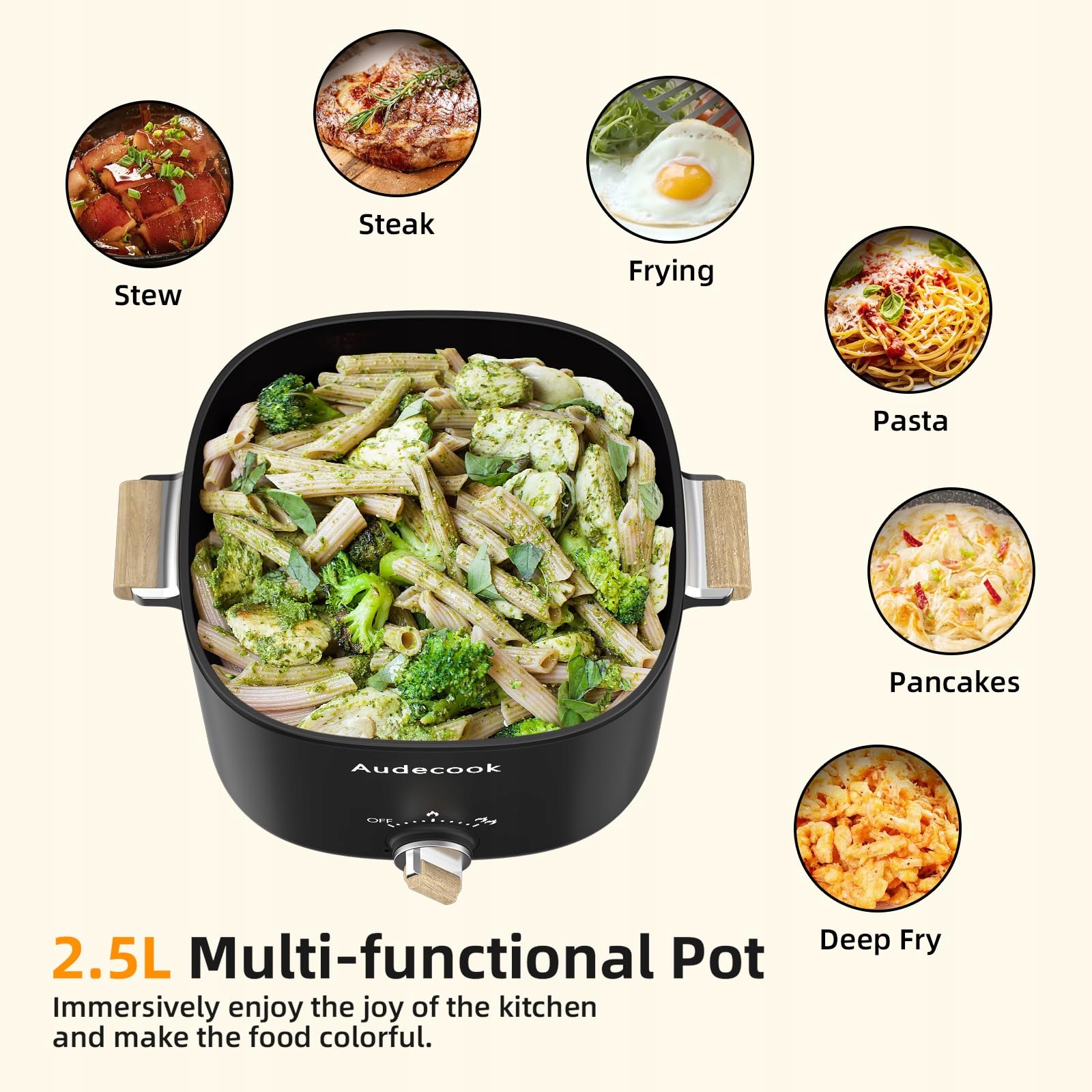 AUDECOOK Elektryczny Garnek 2,5L Przenośny Multicooker dla 1-3 Osób Czarny — miniatura 3