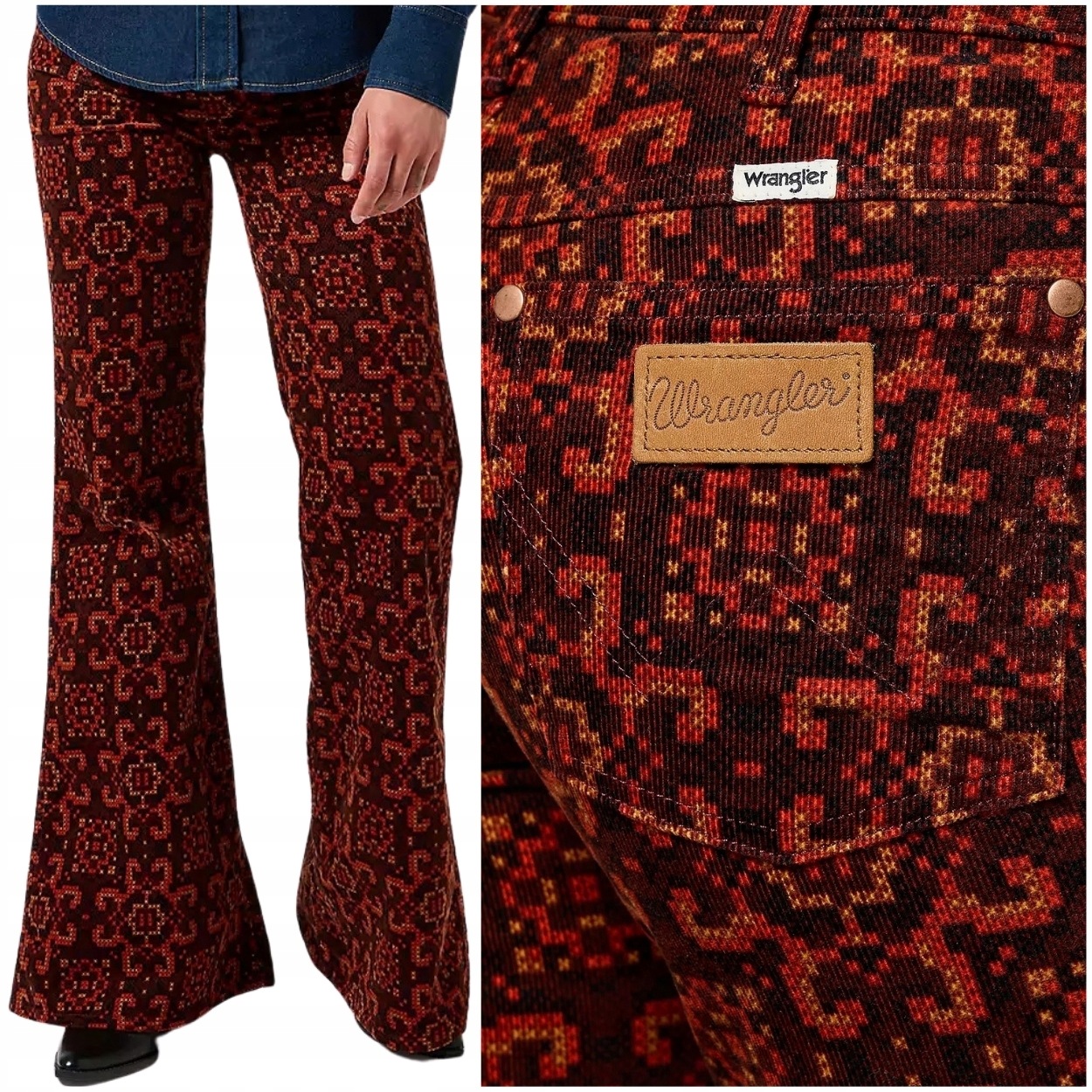 Dámské kalhoty Wrangler Wanderer flare zvony s potiskem W28 L32