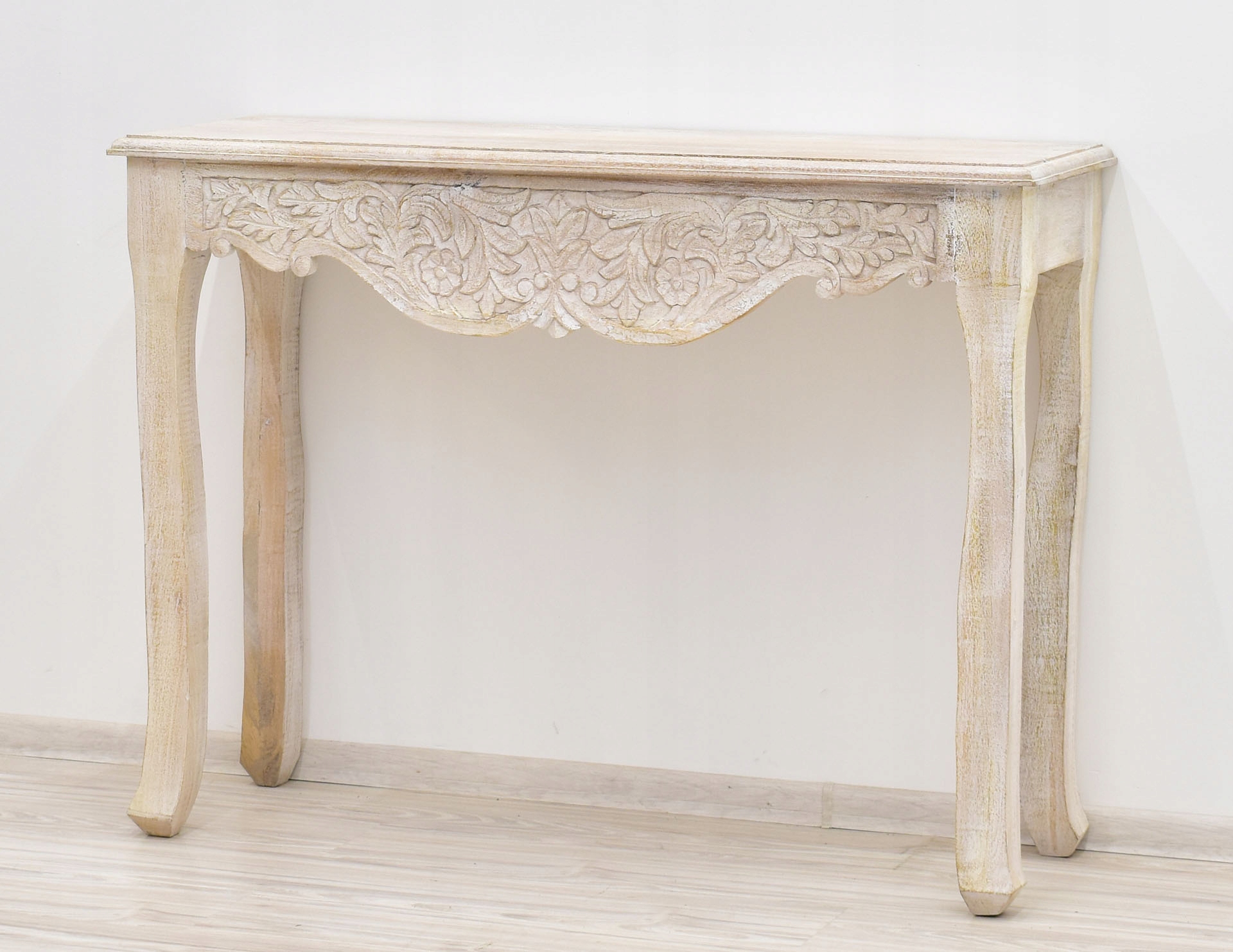 Konsola kolonialna indyjska lite drewno mango ręcznie rzeźbiona bielona Głębokość mebla 40 cm