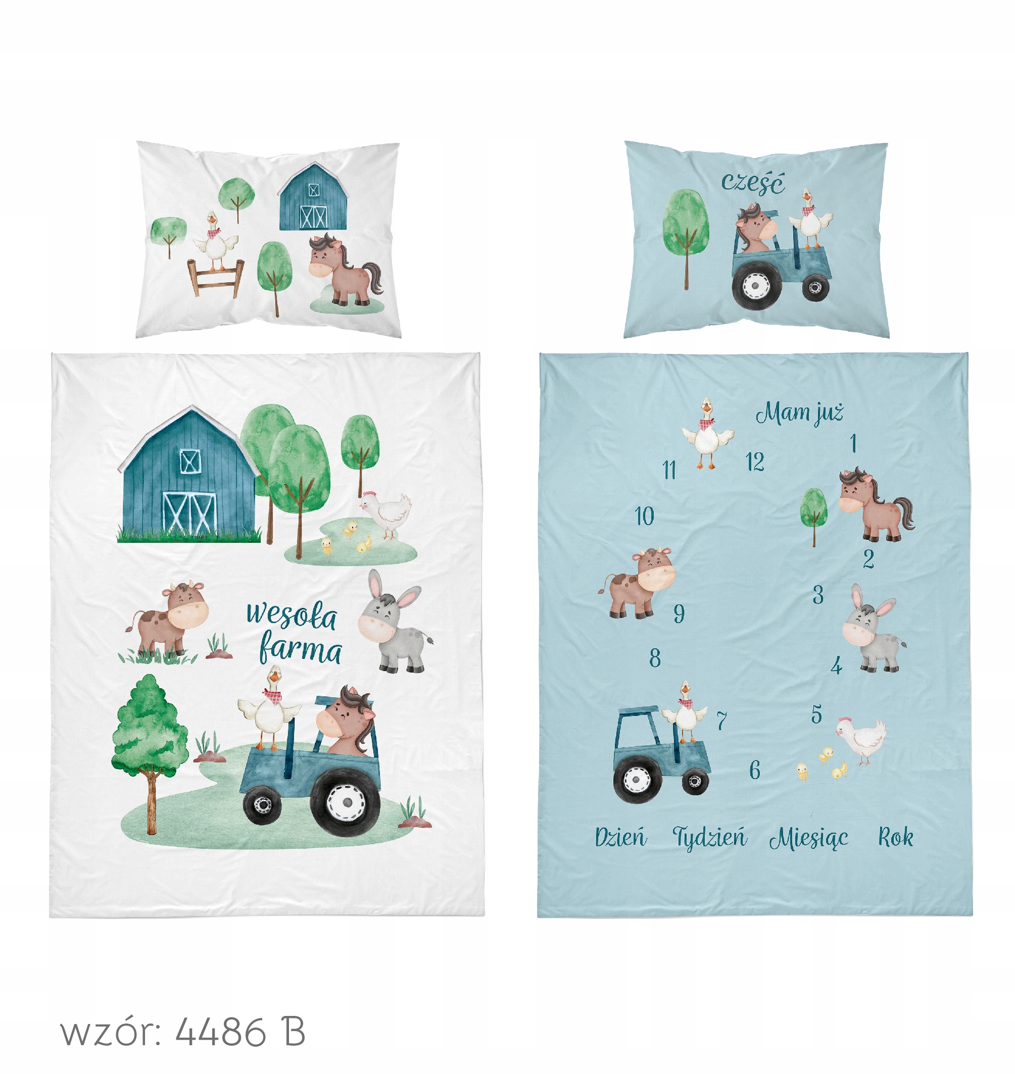 Pościel dwustronna wesoła farma wieś traktor niebieska 100x135 bawełna