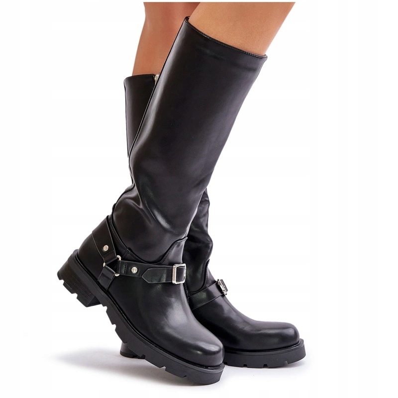 Dámské Zateplené Eko Kožené Kozačky S Přezkou, Plochý Podpatek, Černé, Velikost 39