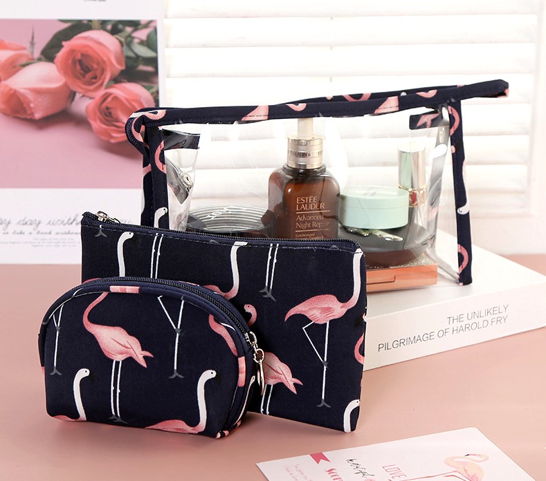 Zestaw Organizer Kosmetyczka Przezroczysta flamingi 3szt granatowa Materiał dominujący syntetyk