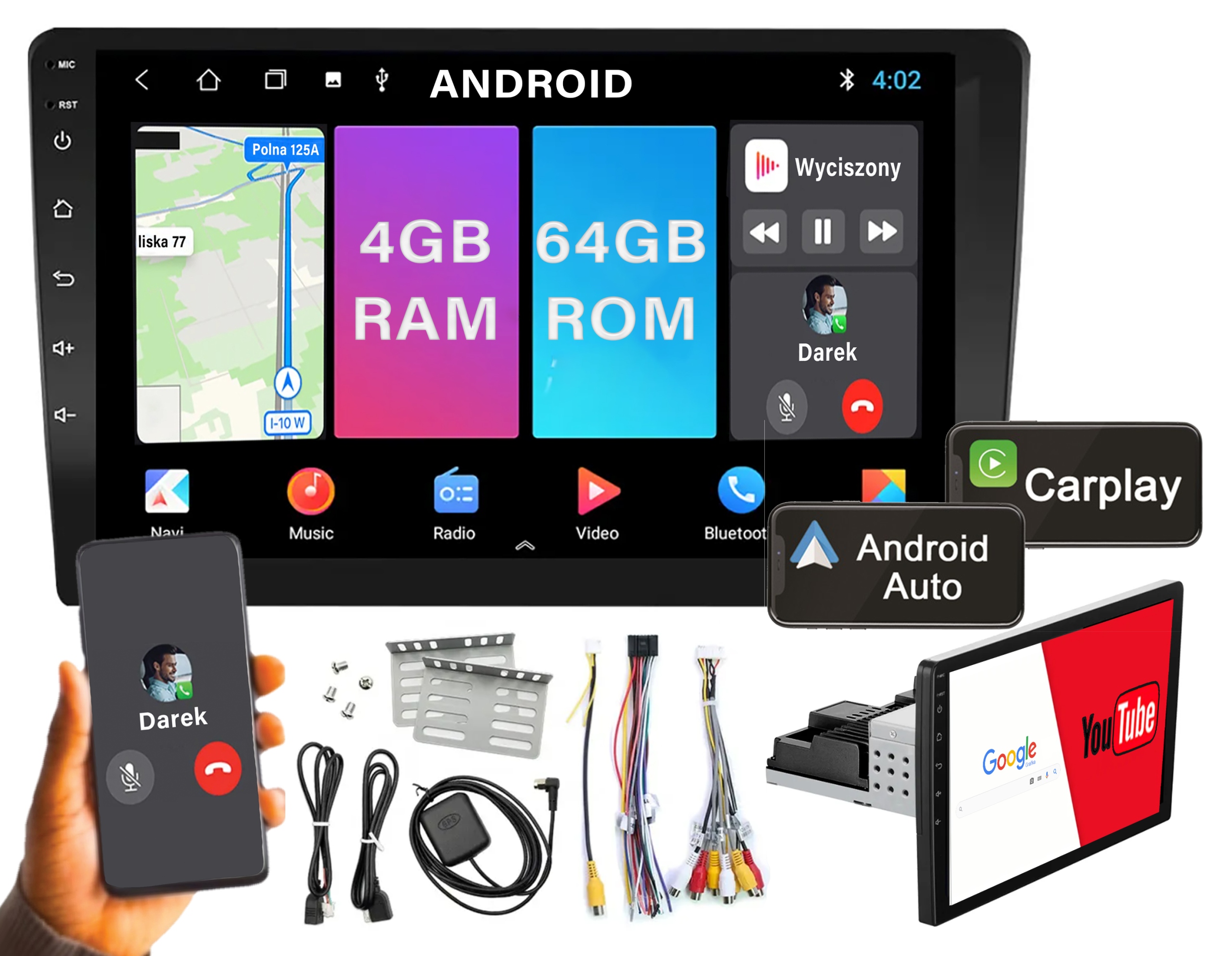 Radio Samochodowe 1DIN 10"Android 4/64 GB Bluetooth USB CarPlay AndroidAuto