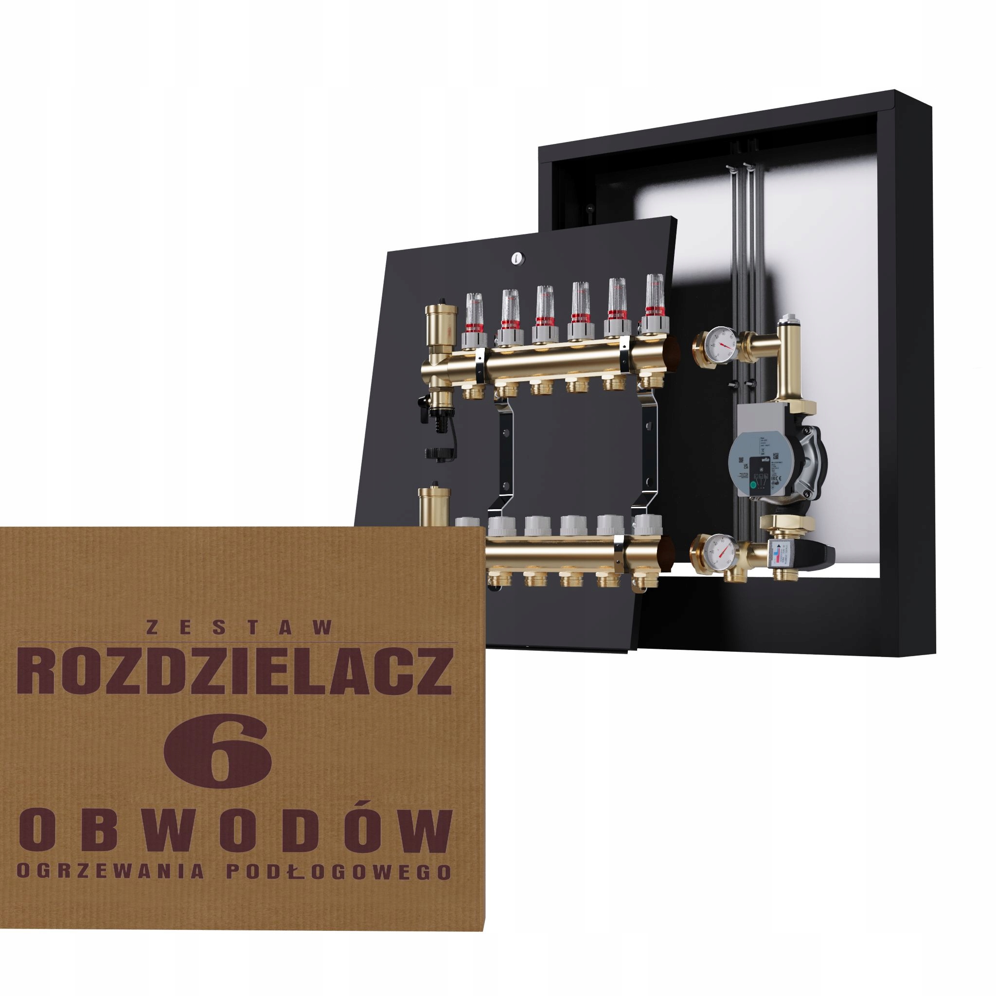 Rozdělovač pro podlahu 6 okruhů a čerpadlo Grundfos nástěnný černý