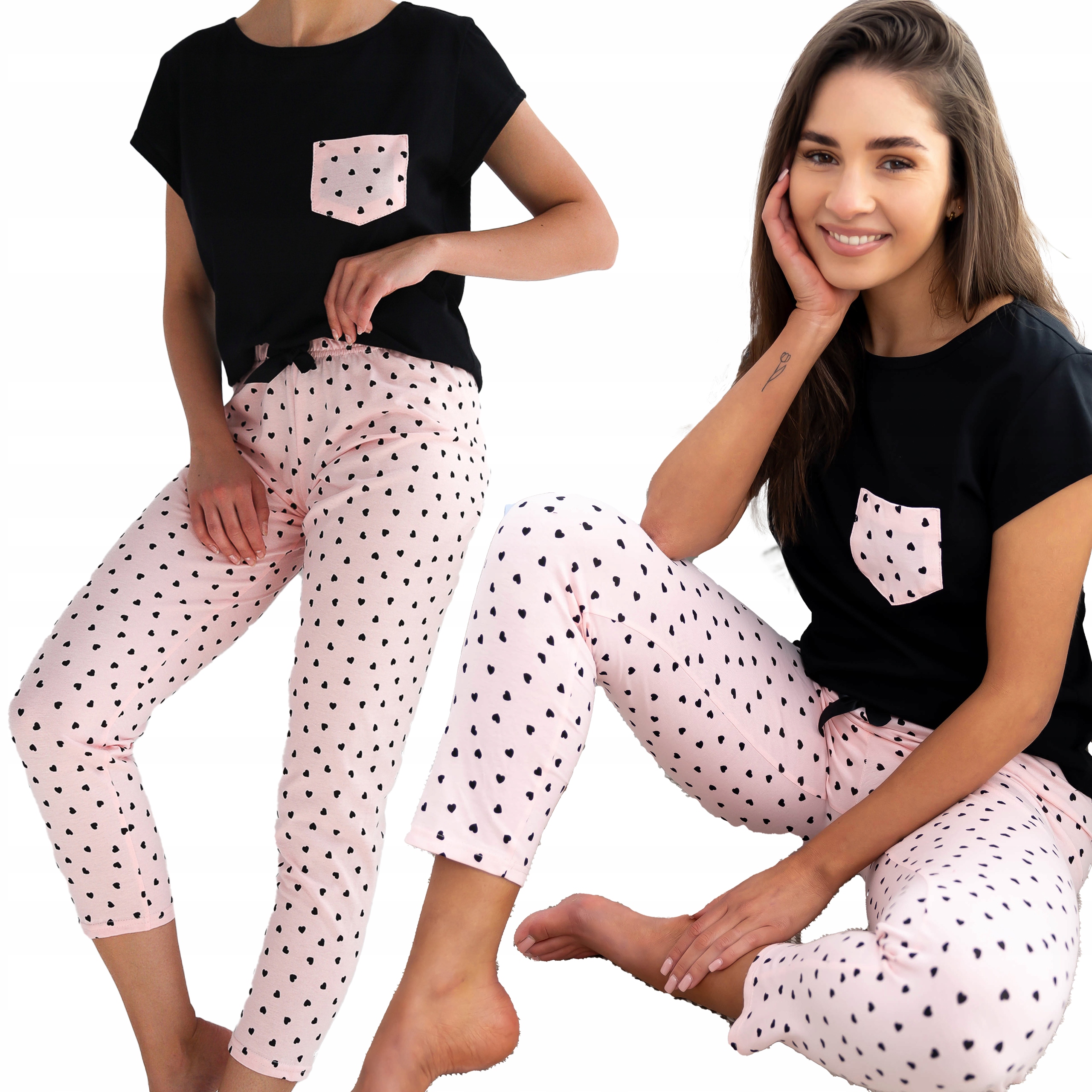 Čierne roztomilé pyžamo z mäkkej bavlny 100% v Srdci Pohodlné S Ilaria