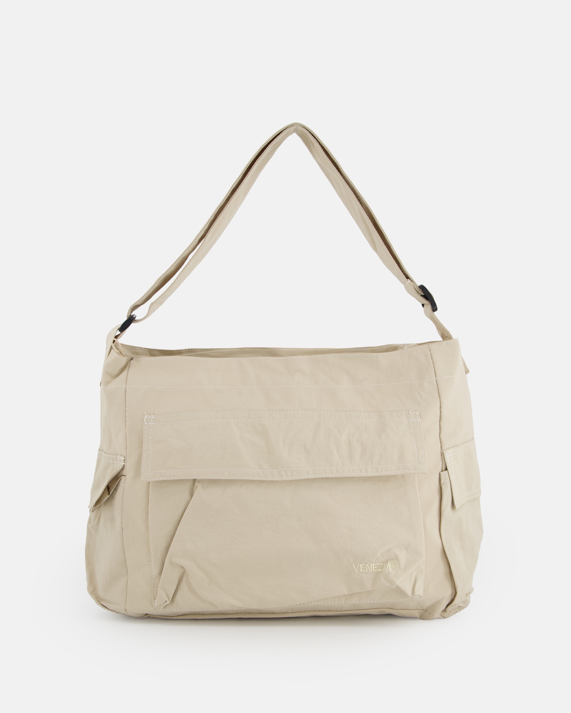 Venezia pojemna torebka damska na ramię z materiału w kolorze beżowym