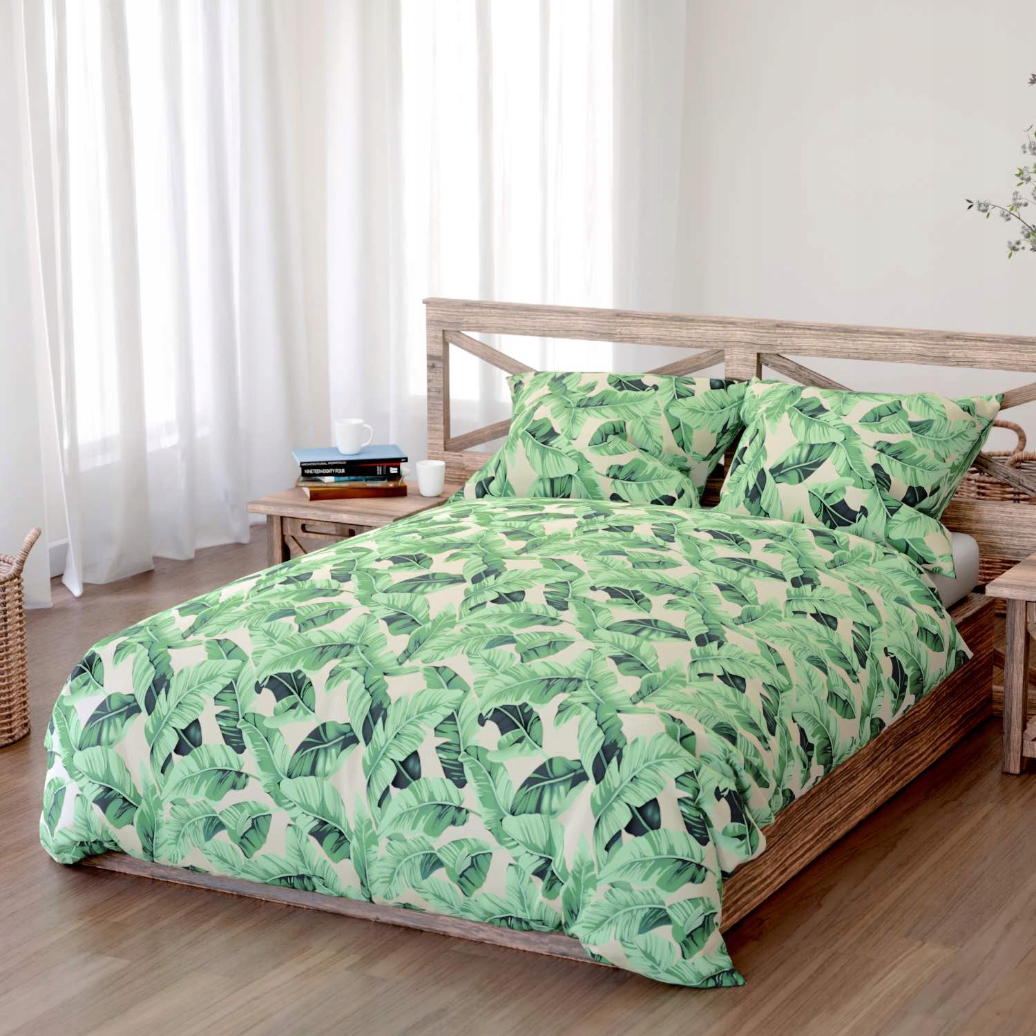 Povlečení bavlněné Planta 200x220 béžová, zelené listy