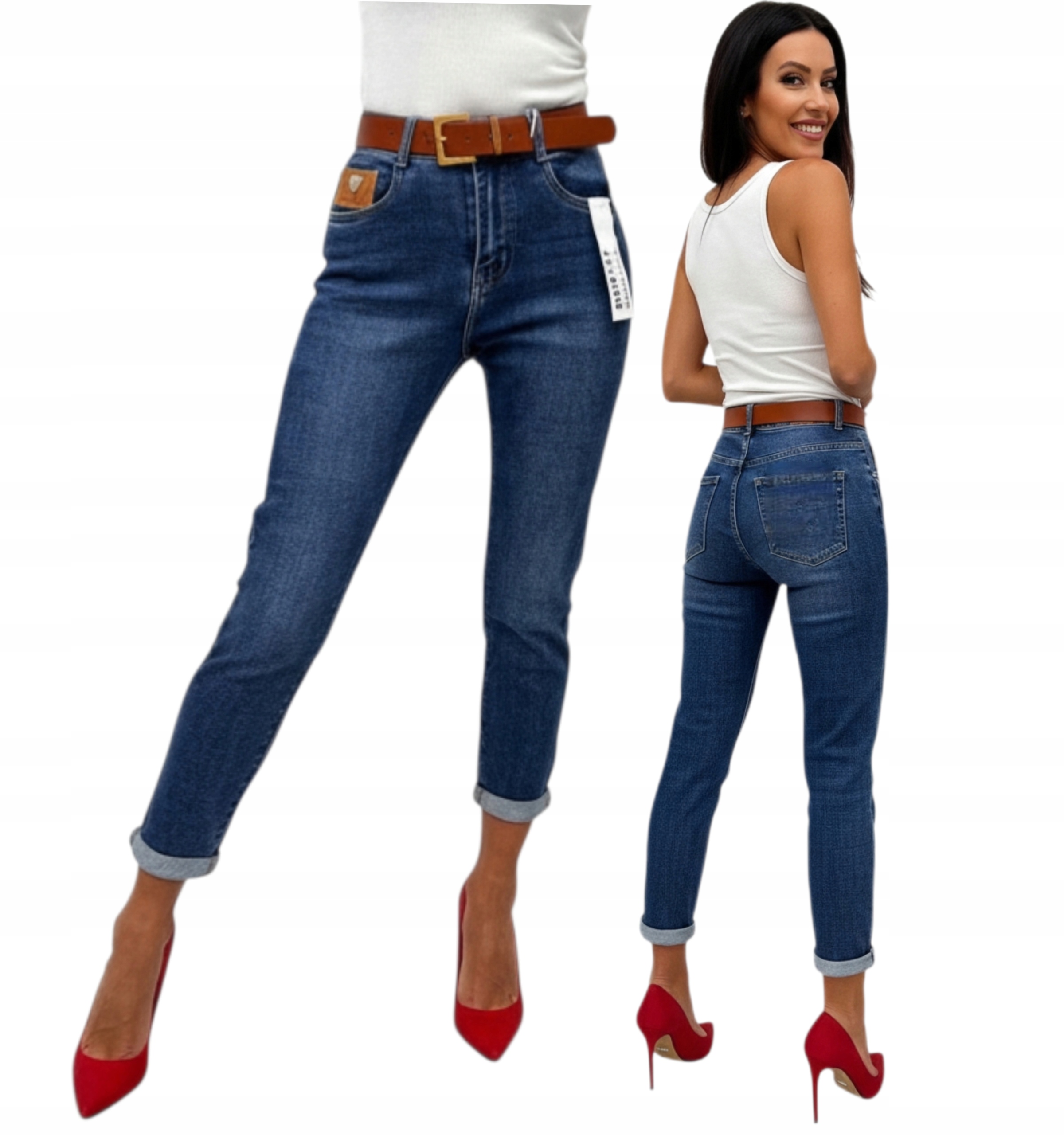 Tmavě Modré Dámské Kalhoty S Páskem A Přívěskem Mom Fit Jeans vel. S 36