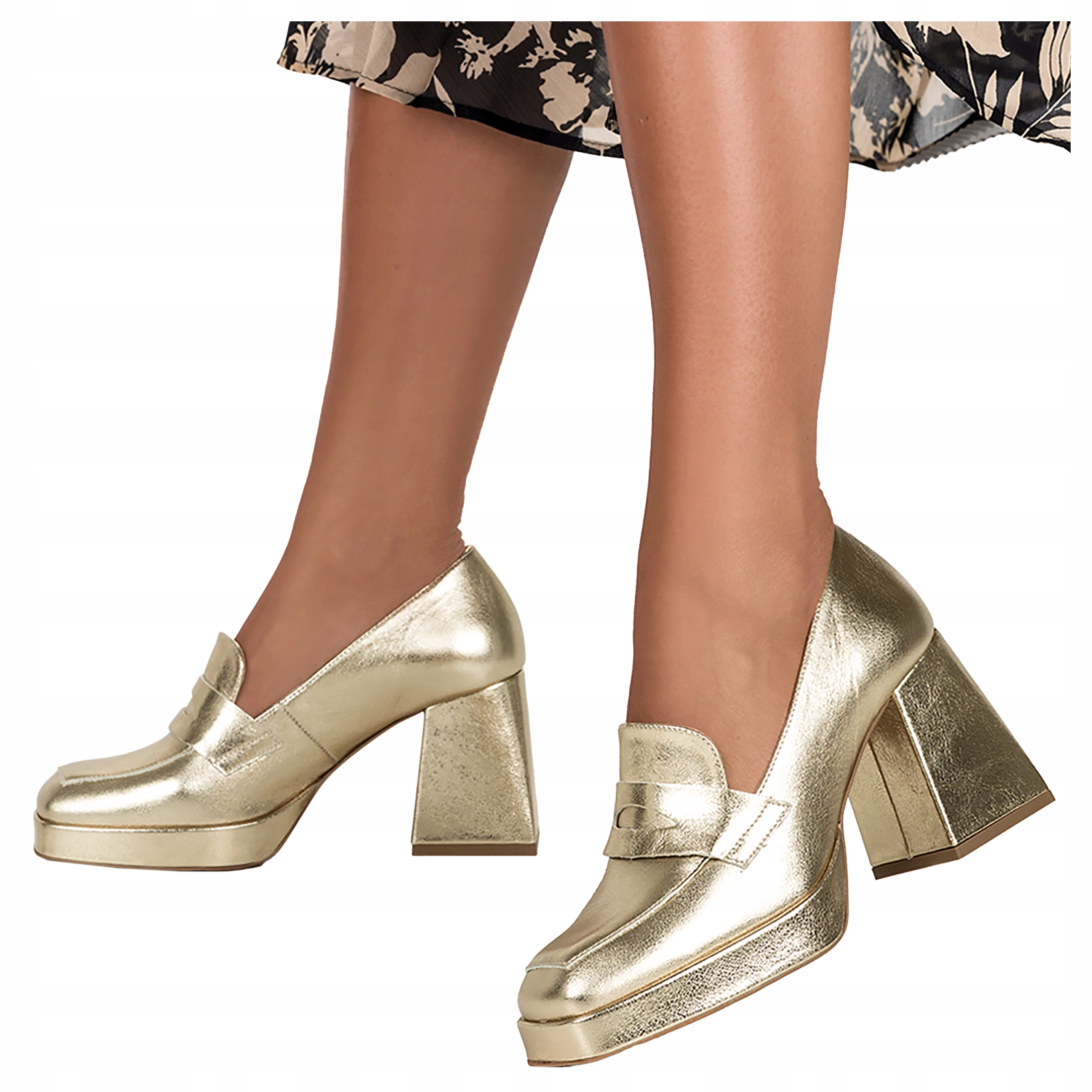 Zlaté Kožené Mokasíny Dámské Lesklé Na Bloku Polský Výrobek vel. 36