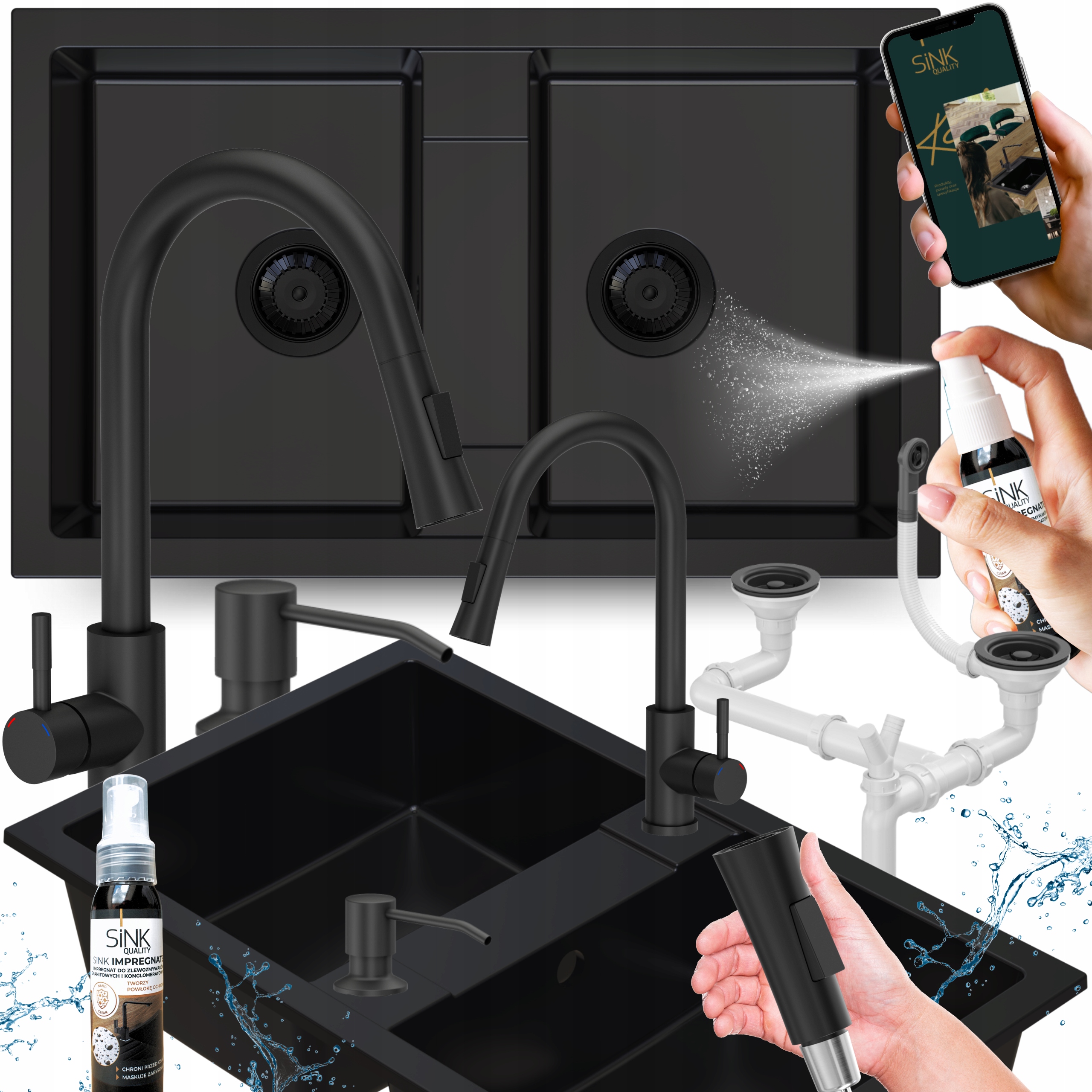 Dvojitý dřez z černé žuly, vytahovací sprcha dávkovač