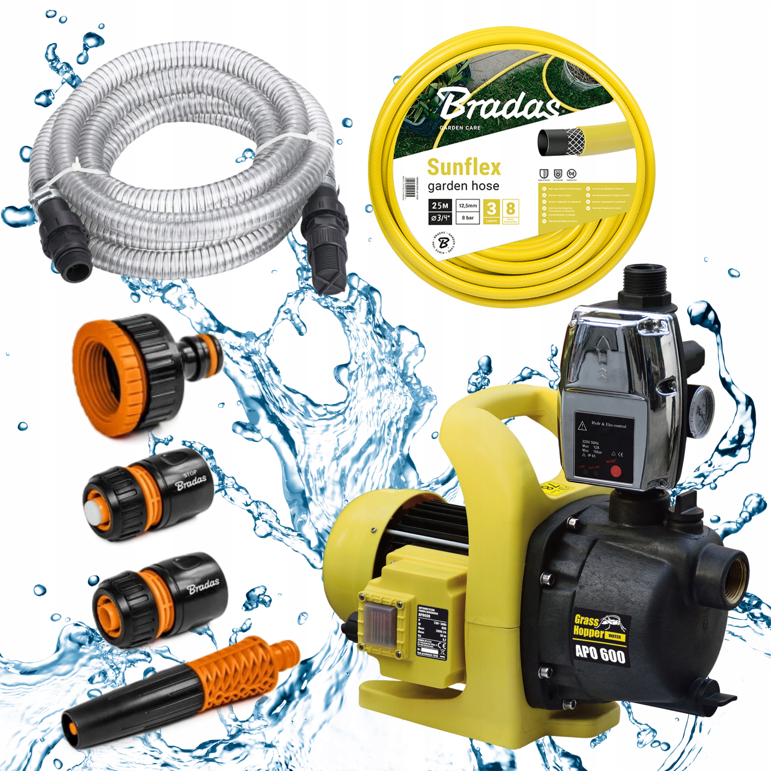 AUTOMATYCZNAA POMPA OGRODOWA POWIERZCHNIOWA MOCNA OSPRZĘT 2xWĄŻ PISTOLET