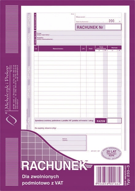 

Rachunek dla zwolnionych z podatku MiP 233-3 A5 80