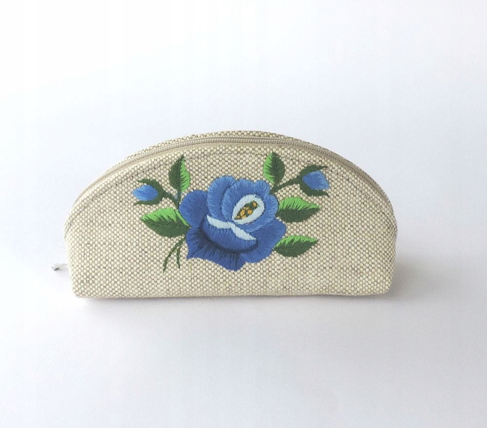 Malá Lněná Kosmetická Taška Folk Rybářská Výšivka Modrá Růže Ruční Práce