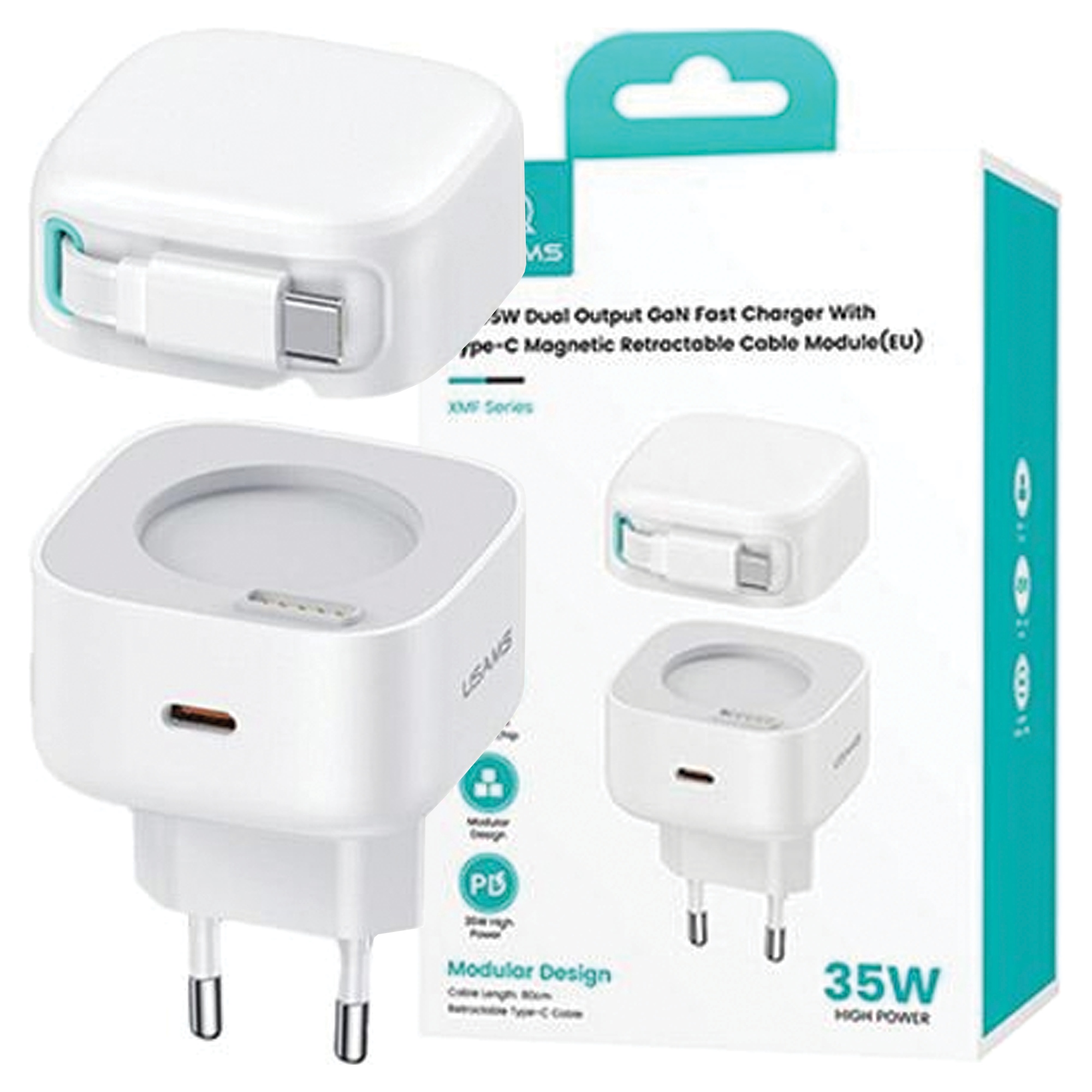 Usams Síťové nabíjení 1xUSB-C s navíjecím kabelem Usb-c Retractable Pd+qc 35W Gan