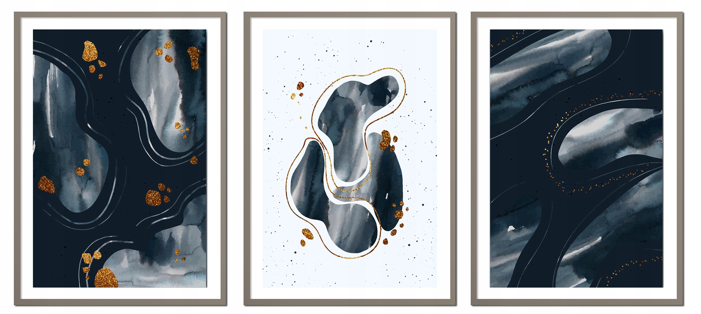 Triptyk Sada 3 Obrazů V Rámu abstrakce mramor černý 73x53cm P2478