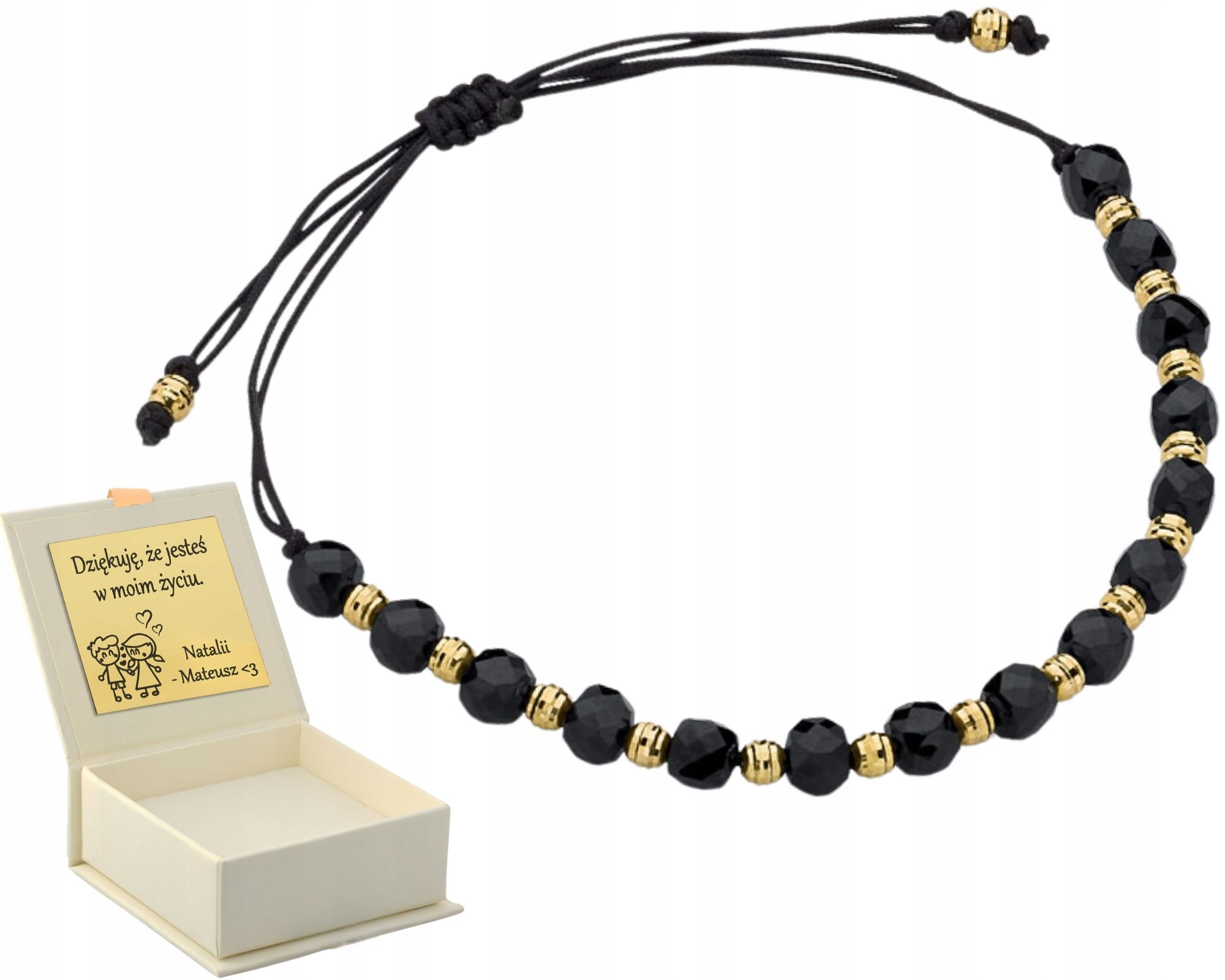 Zlatý Náramek Na Černém Provázku S Spinelem A Malými Zlatými Kuličkami 585