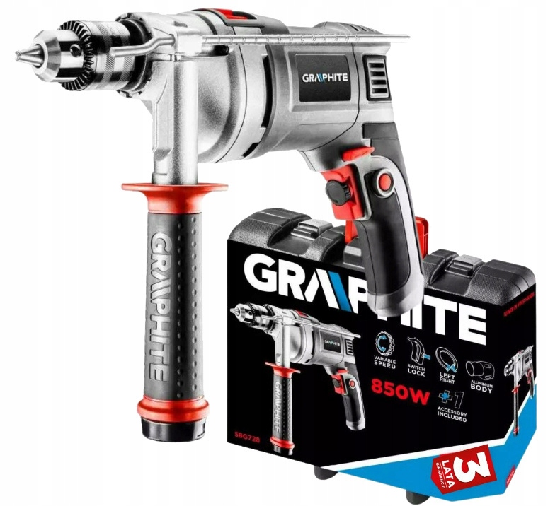 Příklepová Vrtačka 850 W Otáčky 0-3000 Min Nastavitelná Rukojeť Kufr Graphite