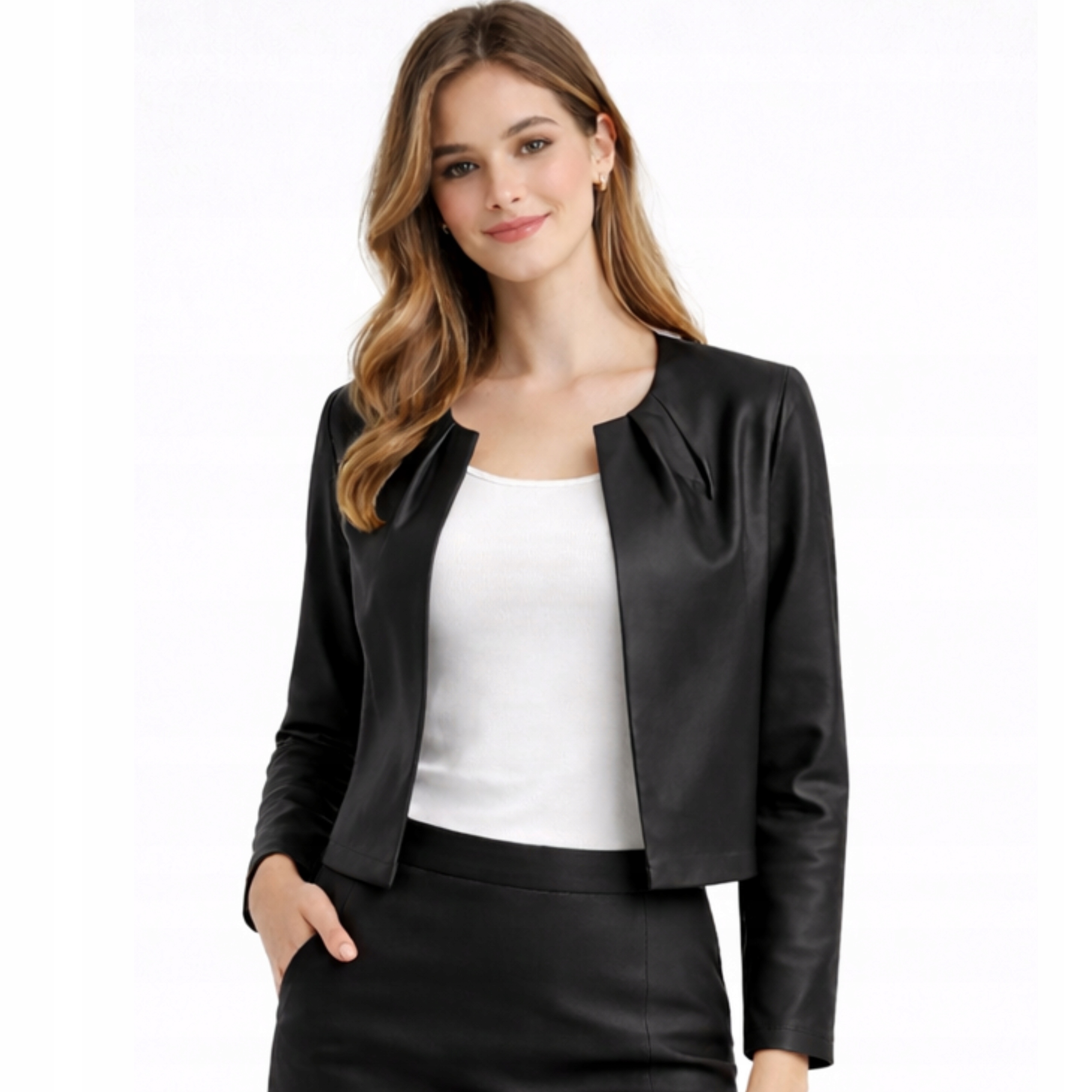 A35 Bolerko Damskie Wizytowe Eko Skóra Drapowane Czarne R.38