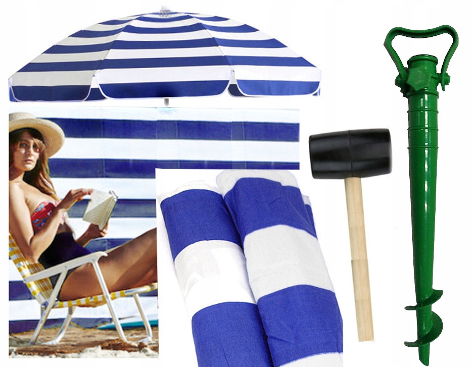 PARASOL PLAŻOWY 160CM + PARAWAN 8M MŁOTEK UCHWYT