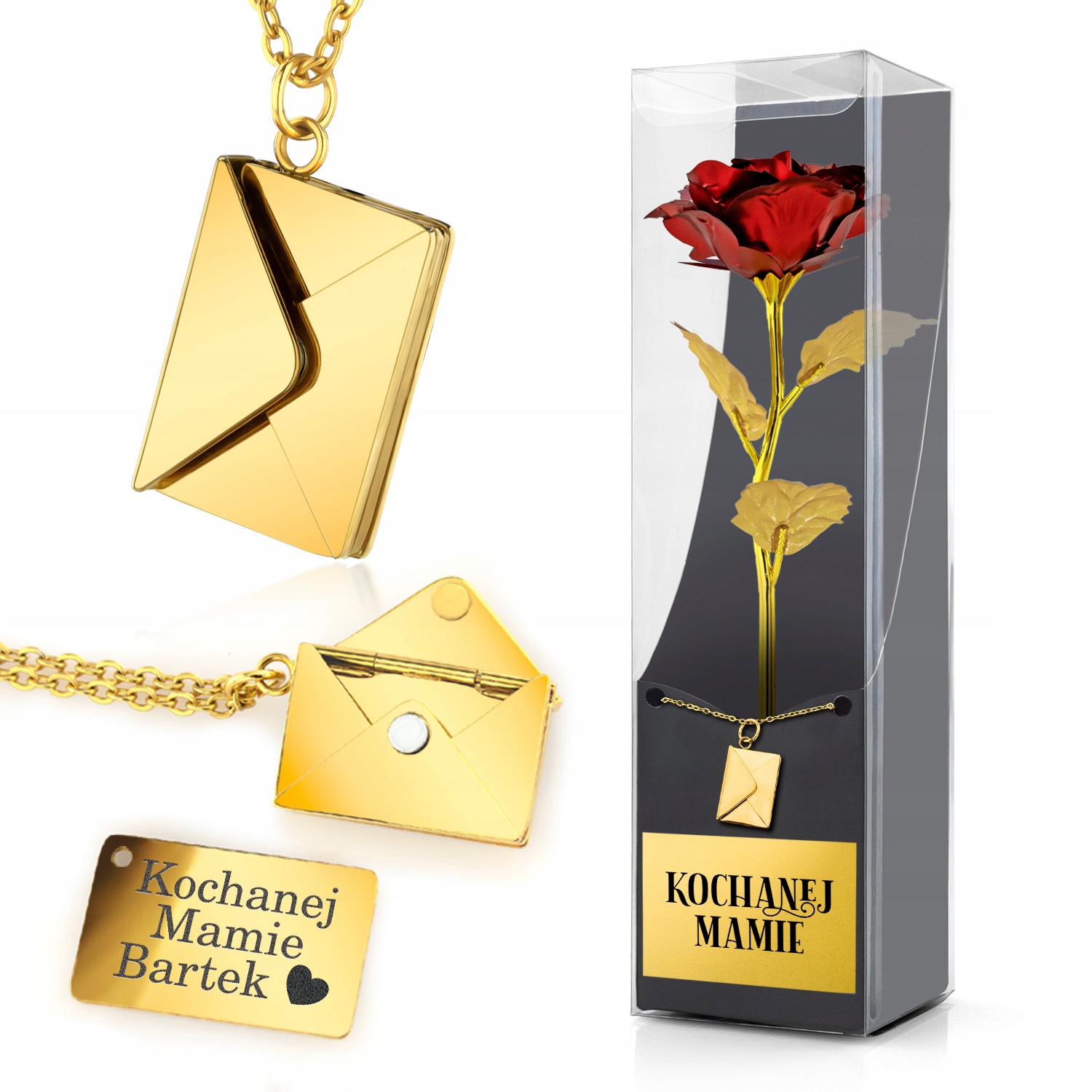 CELEBRYTKA KOPERTA LIST NASZYJNIK złocony + RÓŻA GRAWER prezent Dzień Matki