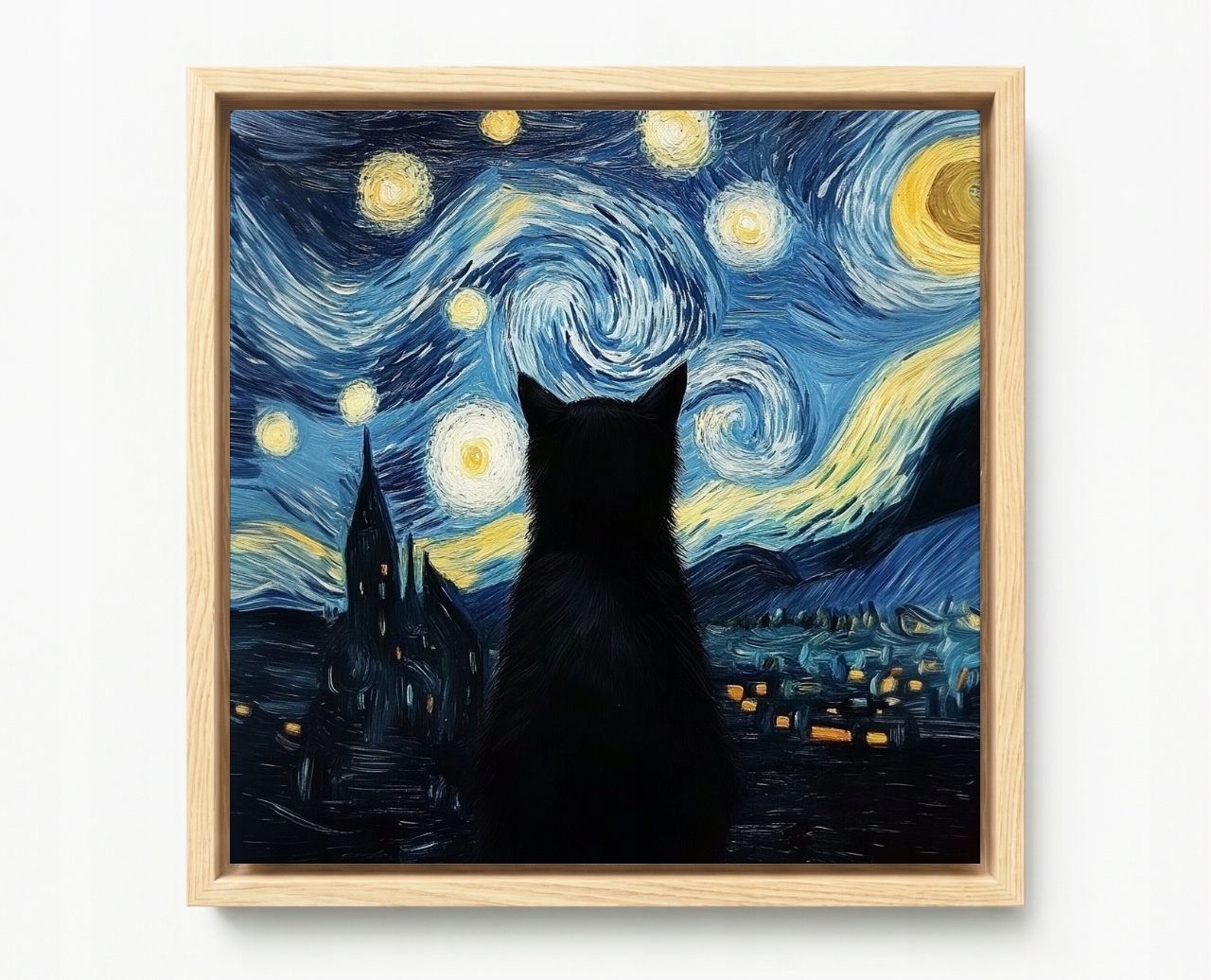 Obraz Rám American Box Van Gogh Styl Hvězdná Noc Černá Kočka 60x60