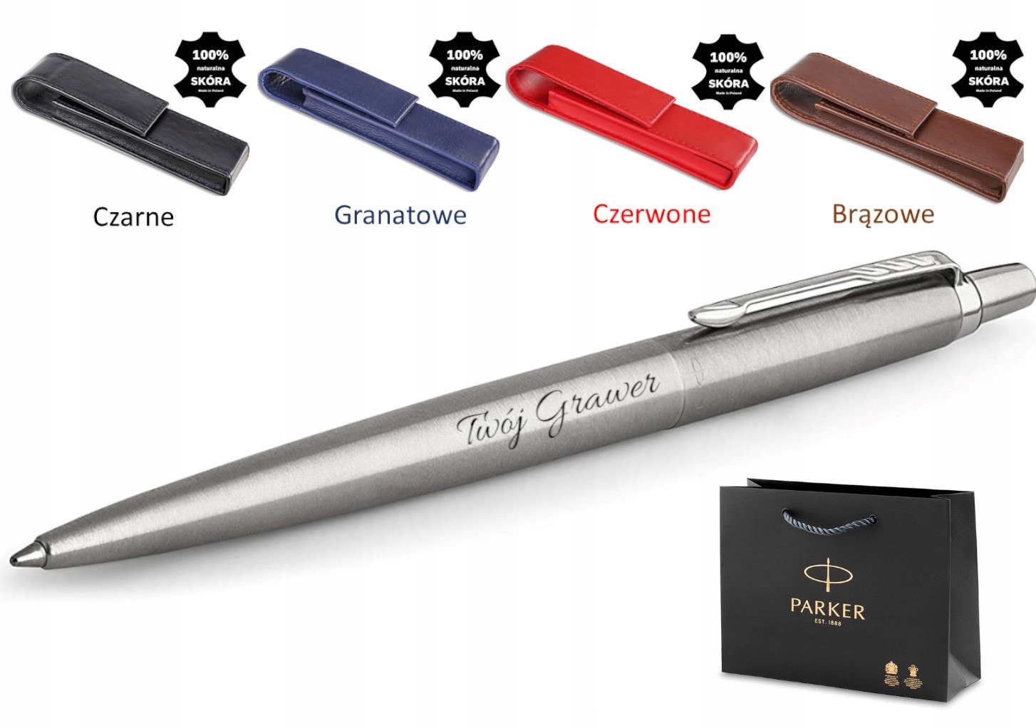 Długopis Parker Jotter Stalowy Ct Etui Piórnik Skóra Naturalna Grawer