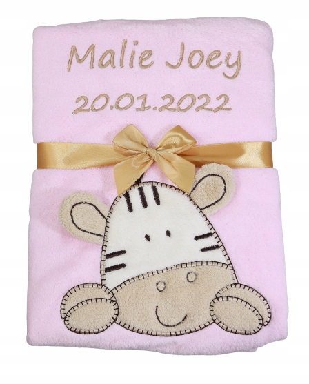 

Kocyk z imieniem i metryczką różowy z zebrą Haft