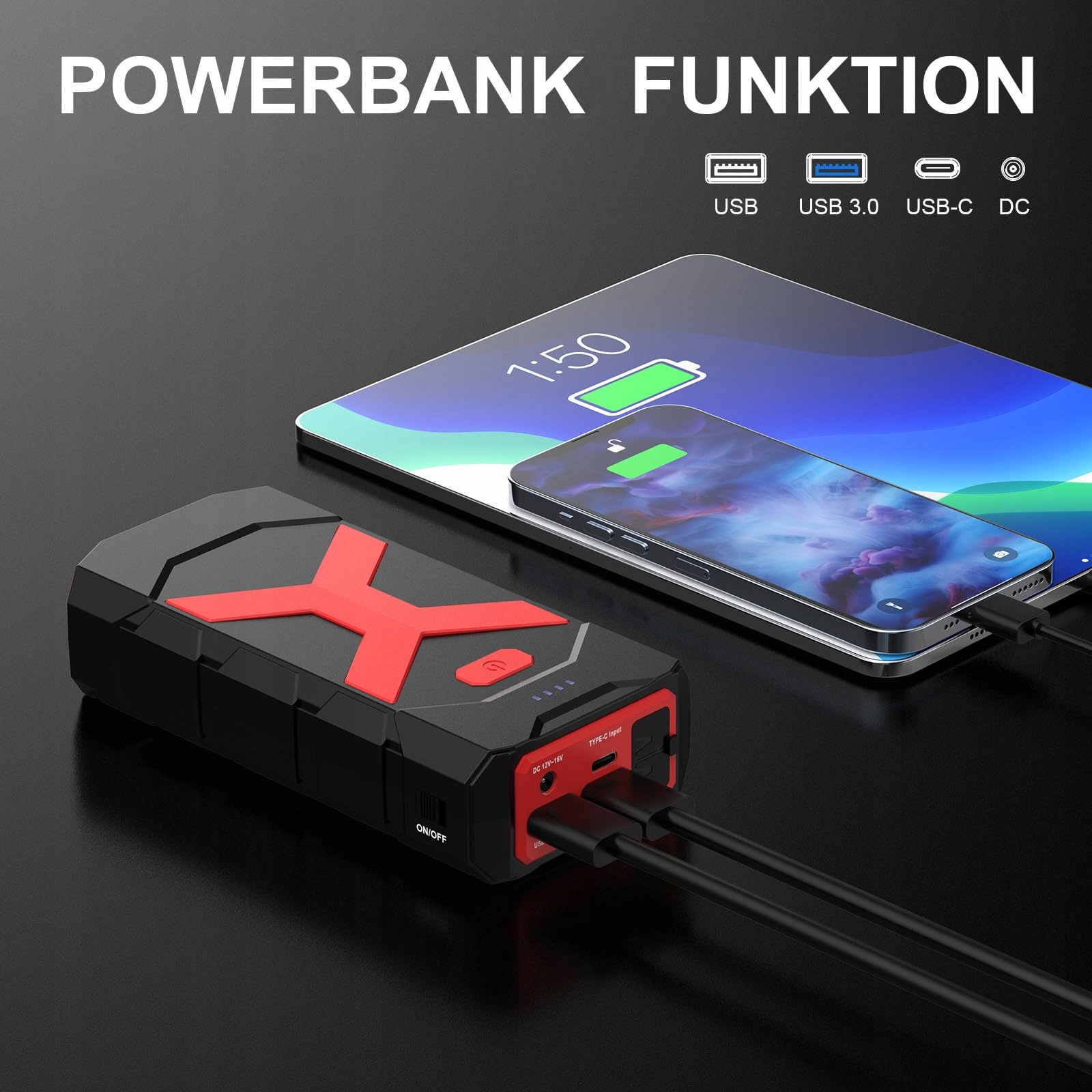 POWKEY Powerbank Rozruchowa 2000A Do Samochodów Benzyna Diesel LED USB — miniatura 3