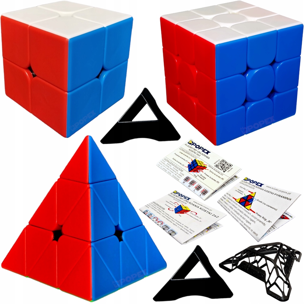 ZESTAW KOSTEK 2x2 + 3x3 + PIRAMIDA + PODSTAWKI + SAMOUCZKI DZIEŃ DZIECKA