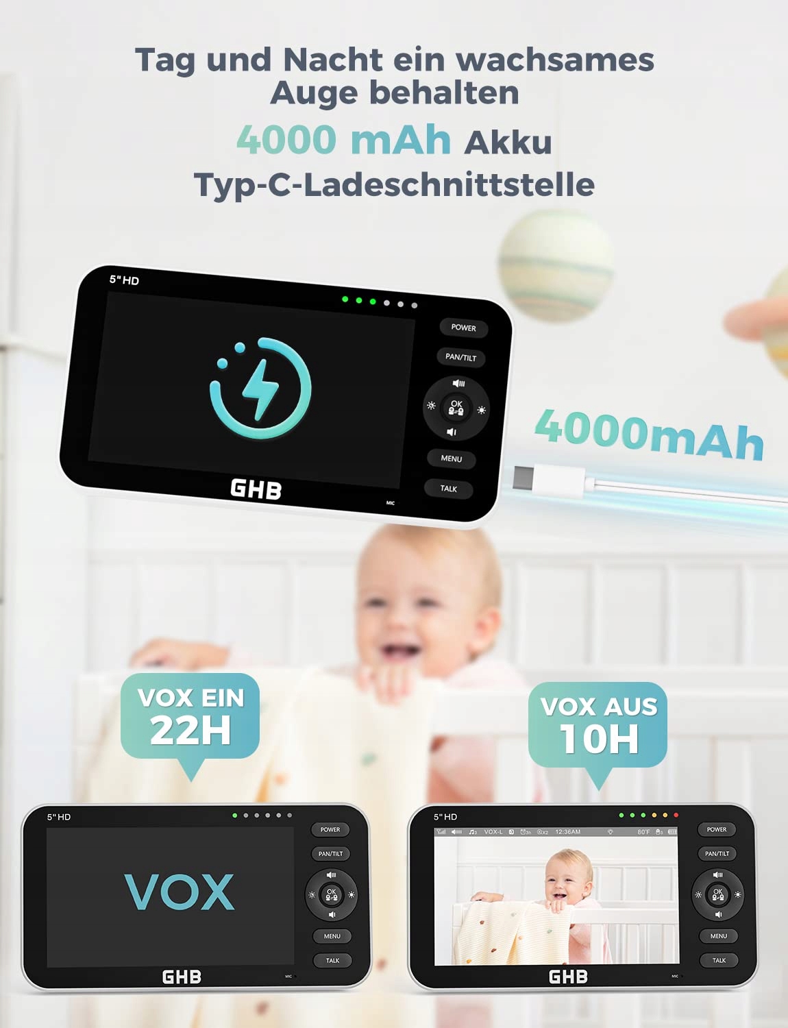 GHB Niania Elektroniczna Kamera 5 Cali 720P HD Wyświetlacz VOX Tryb Nocny — miniatura 9