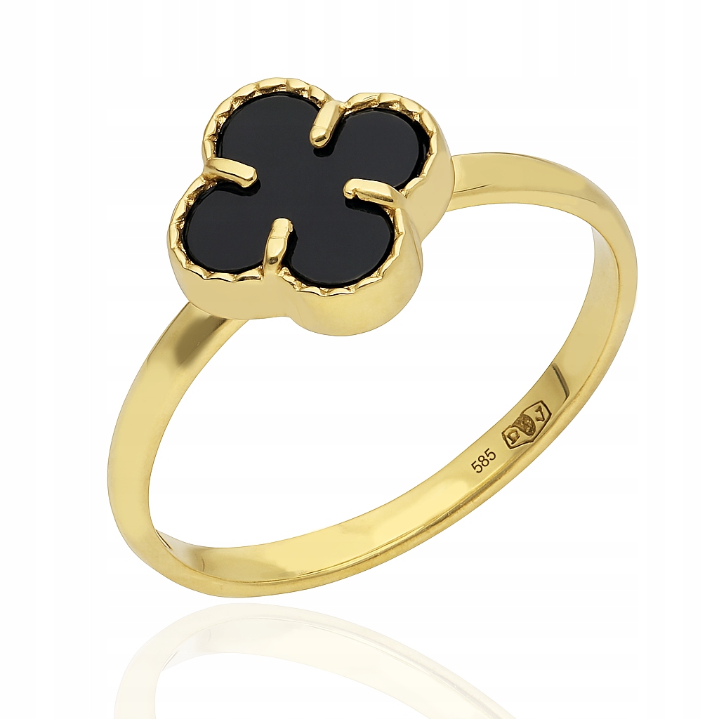 Zlatý prstýnek čtyřlístek s květinou, černý onyx, pr.585, vel 9