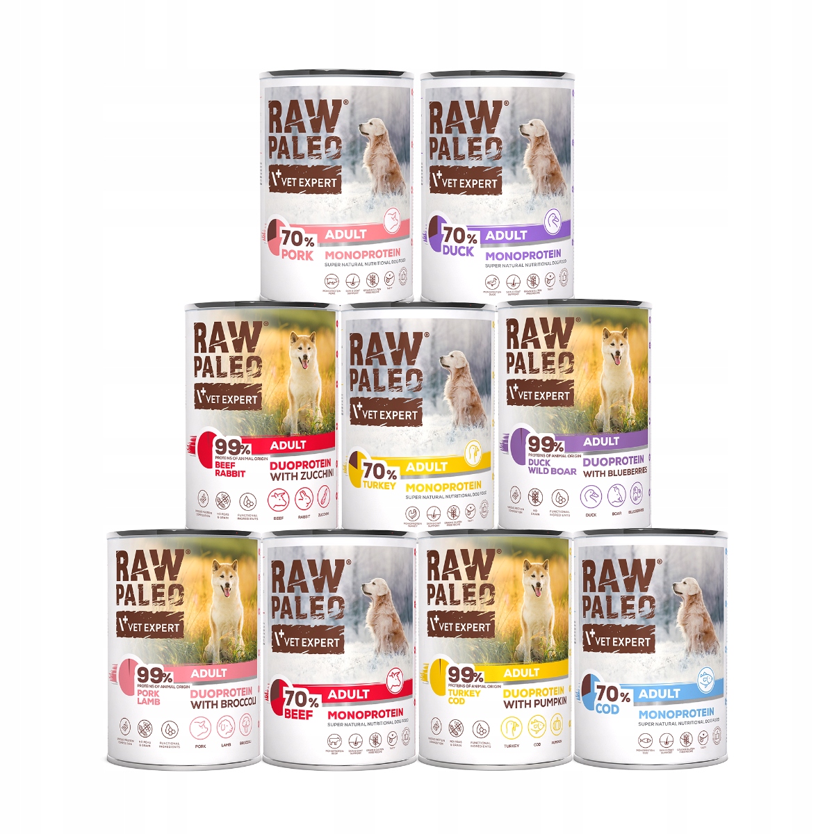 Raw Paleo mix 9 smaków karma mokra Premium 70% Mięsa dorosły 9x400g