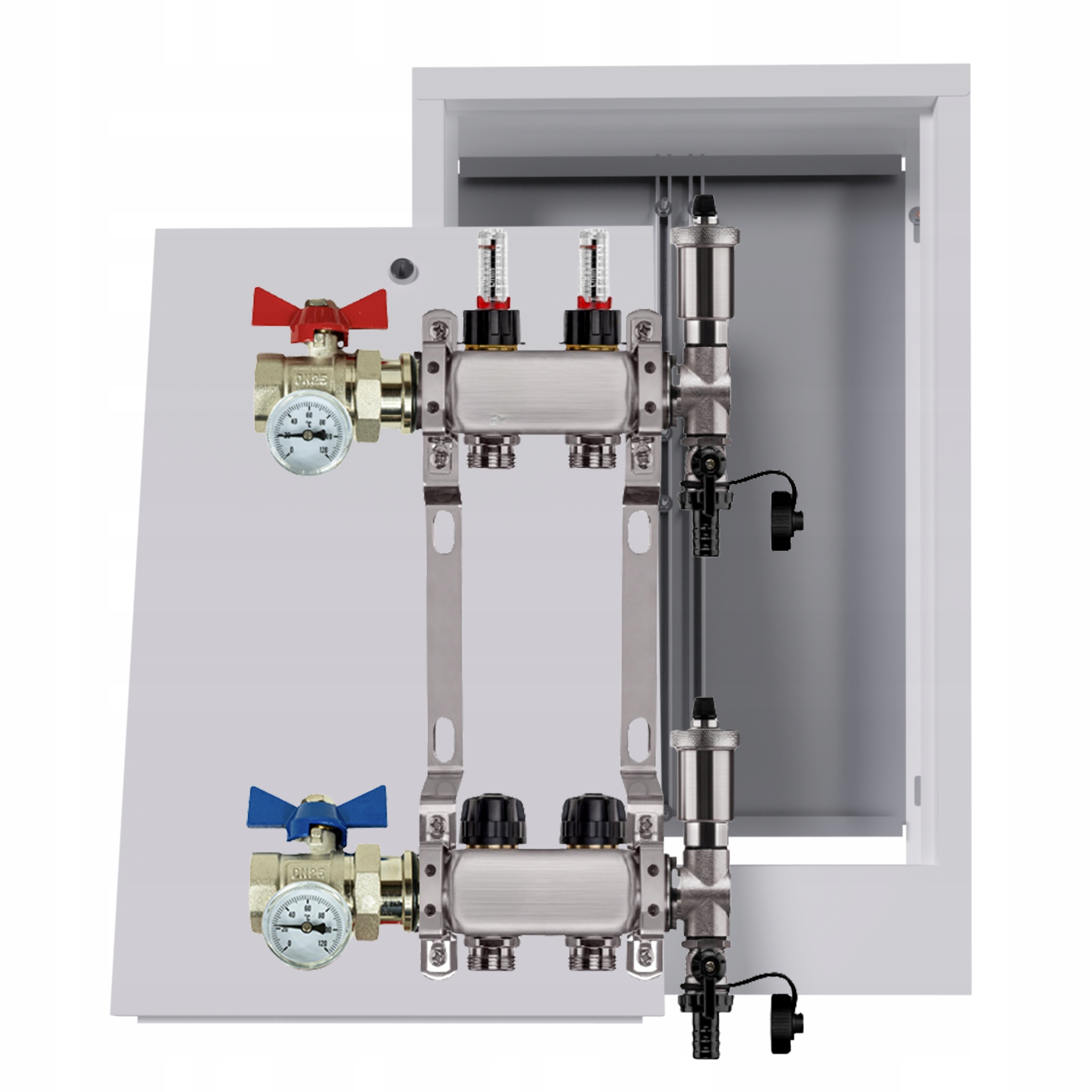 Nerezový rozdělovač podlahových krytin 2 okruhy nástěnná skříňka ventily