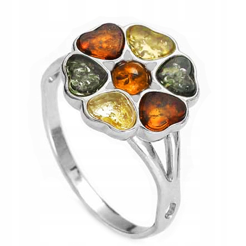 Stříbrný Prstýnek, kytička, srdíčko s Jantarem, stříbro 925, Velikost 20