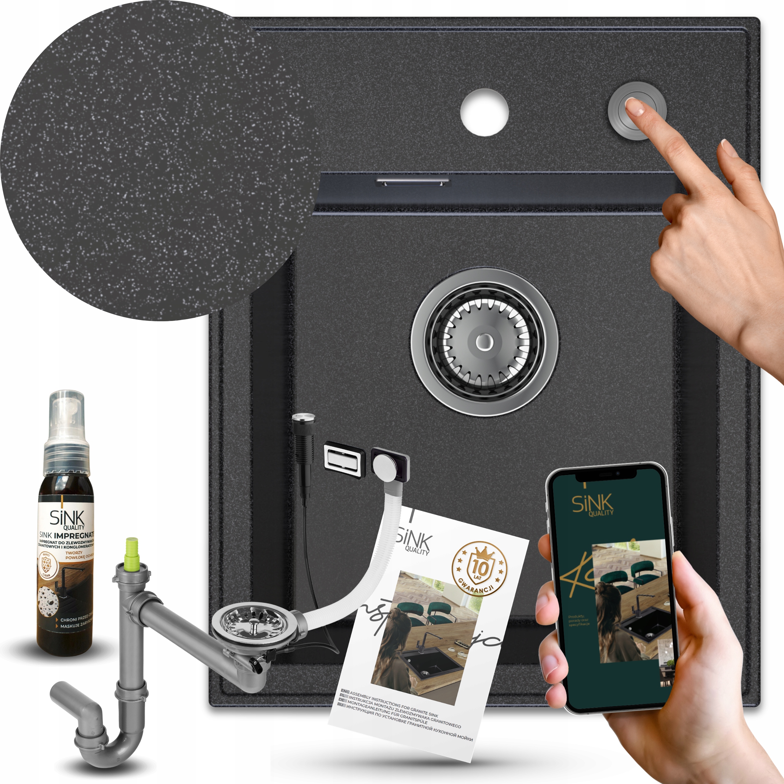 Jednokoromový Granitový Drez, Grafitový Sifón, Tlačidlo Impregnácia Zdarma