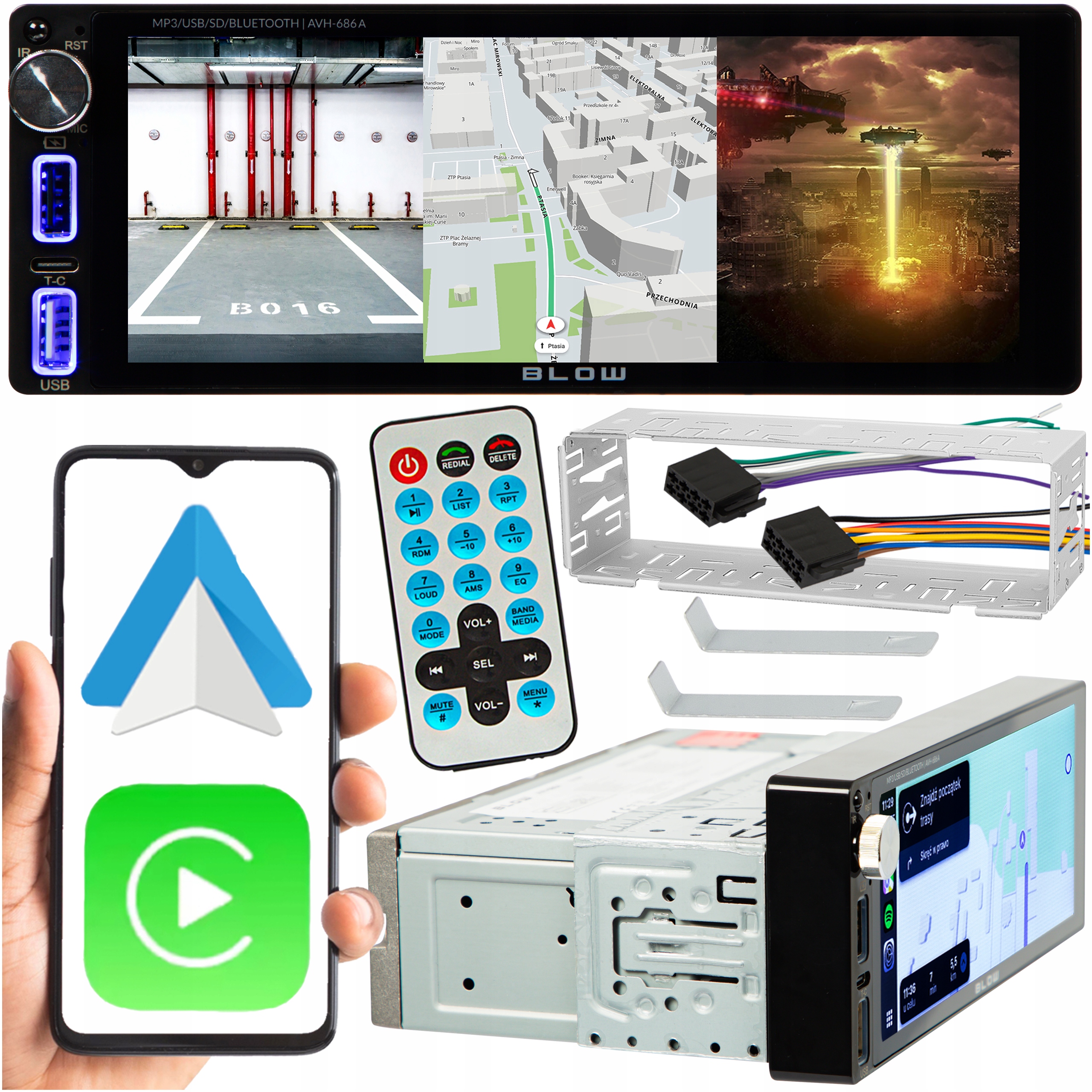 RADIO SAMOCHODOWE 1DIN DOTYKOWE 7 CALI USB-C BLUETOOTH CARPLAY ANDROID AUTO