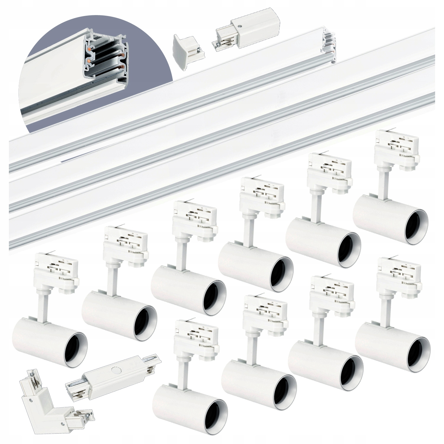 3-fázový koľajnicový set 1m+2m+2m, 10x lampa, spojka I L Biela