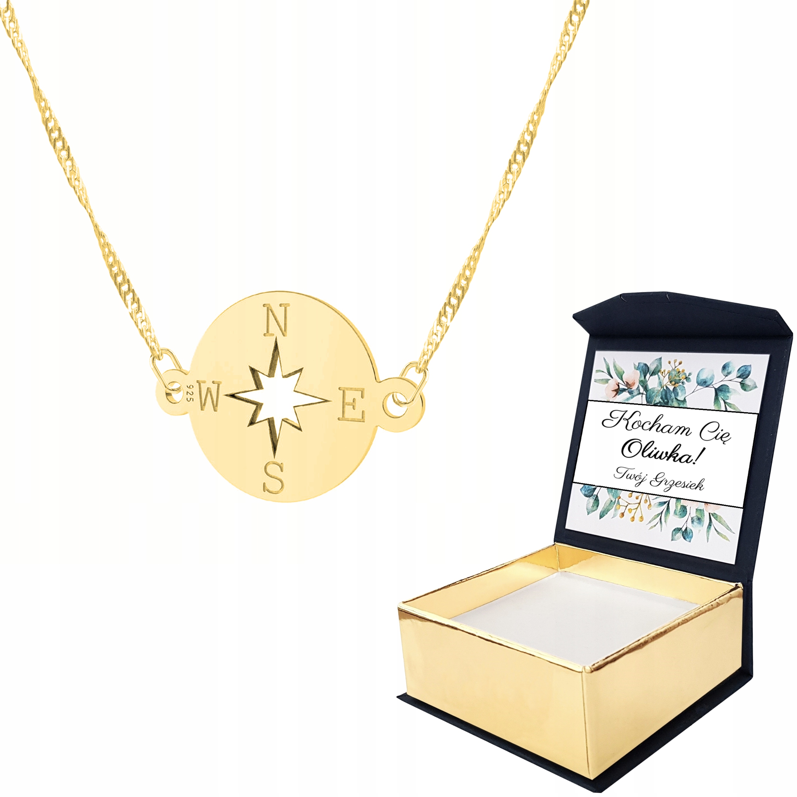 Zlatý náhrdelník 925 Kompas Vlastní Potisk