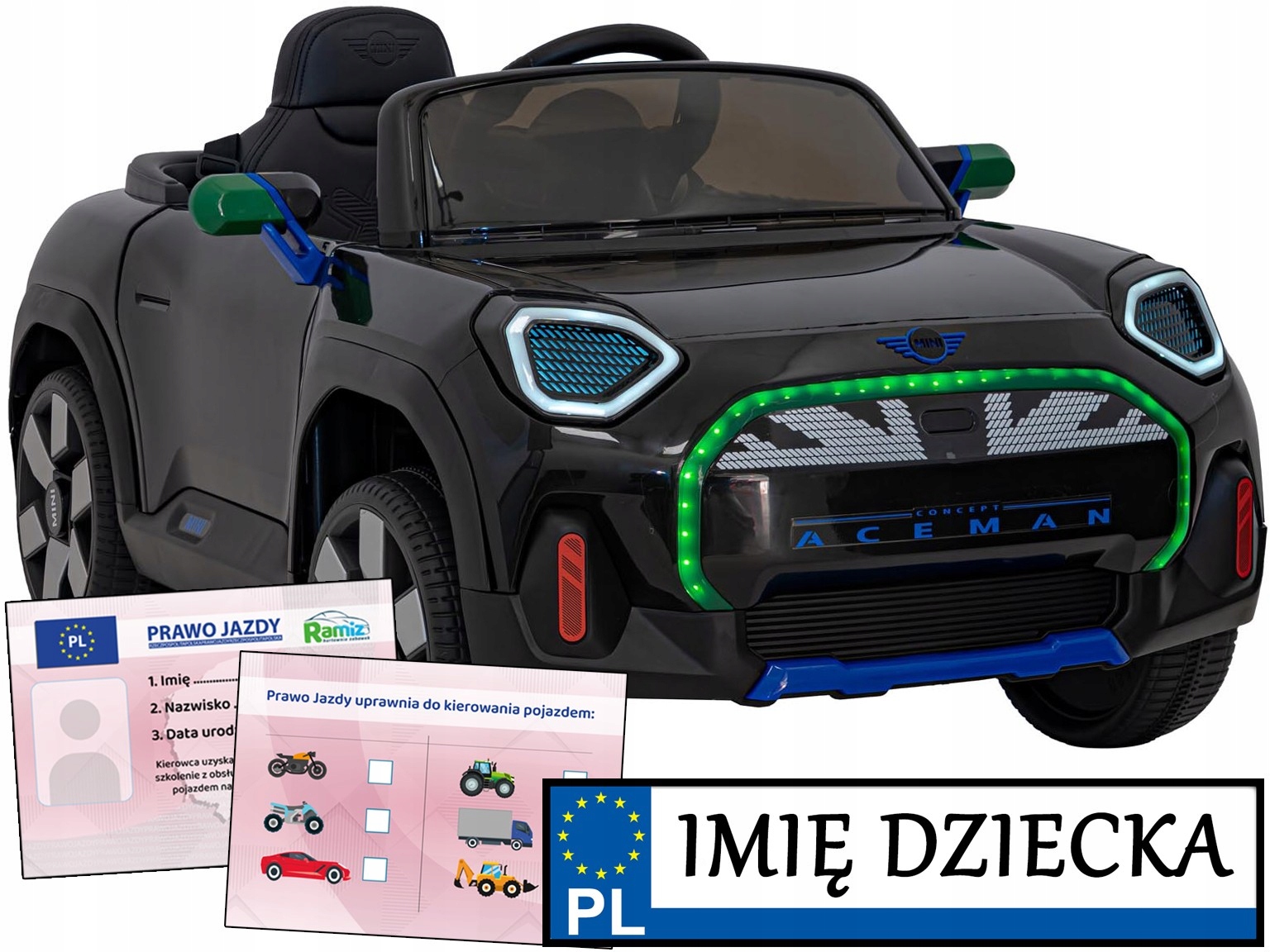 samochód na akumulator Pojazd dla dzieci Mini Concept Aceman tablica imię