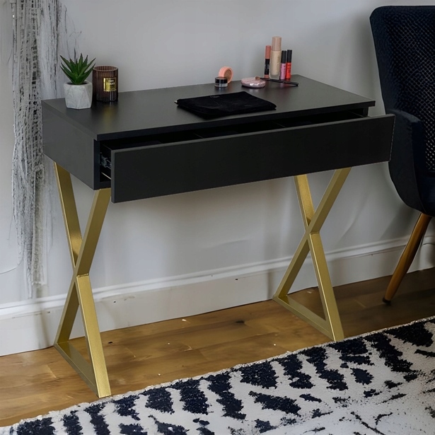 TOALETKA CZARNA MATOWA SZUFLADĄ ZŁOTE X 90CM Głębokość mebla 40 cm